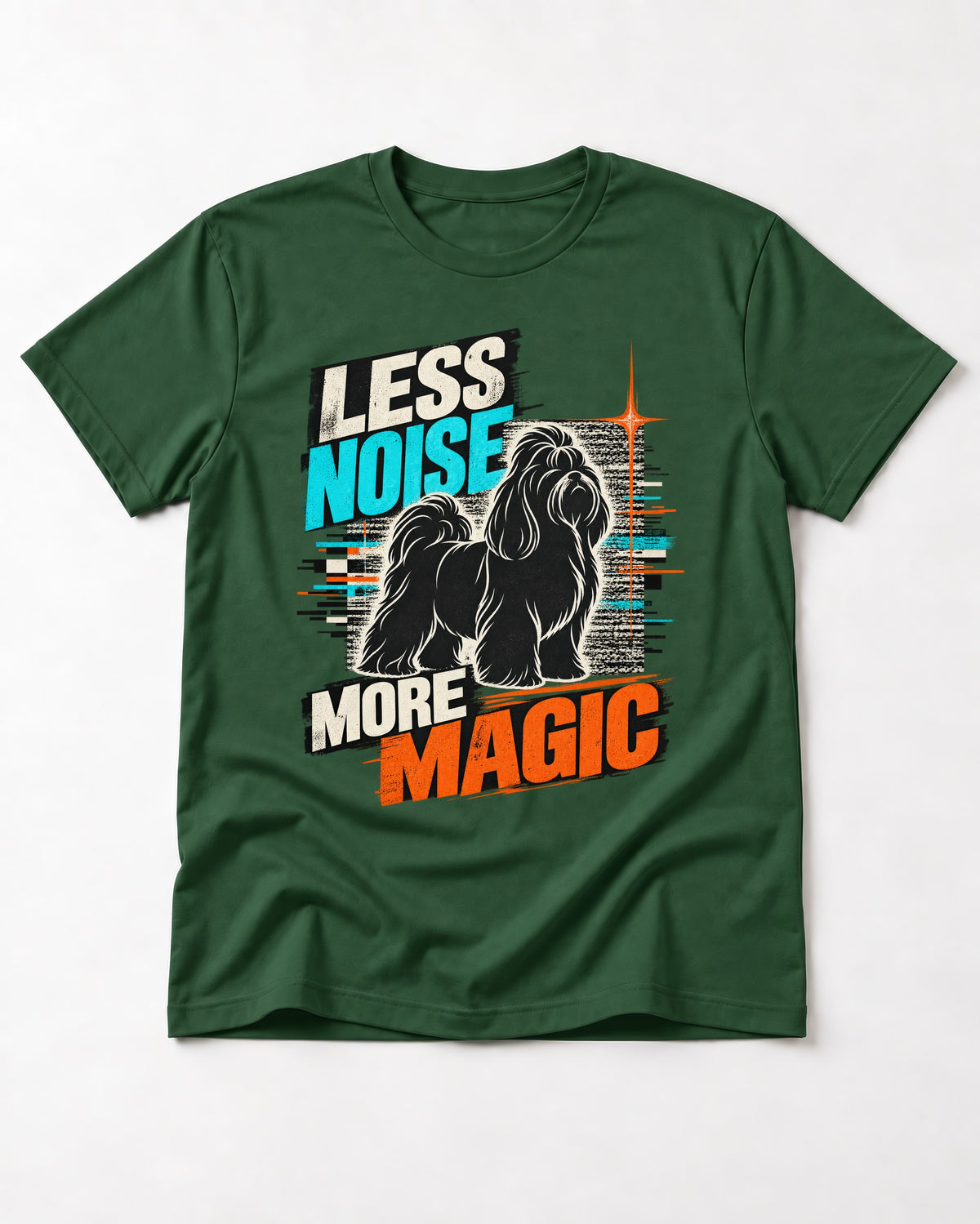 Shih Tzu Less Noise More Magic Pop Art Graphic T-Shirt in Forest Green, flat lay product photo