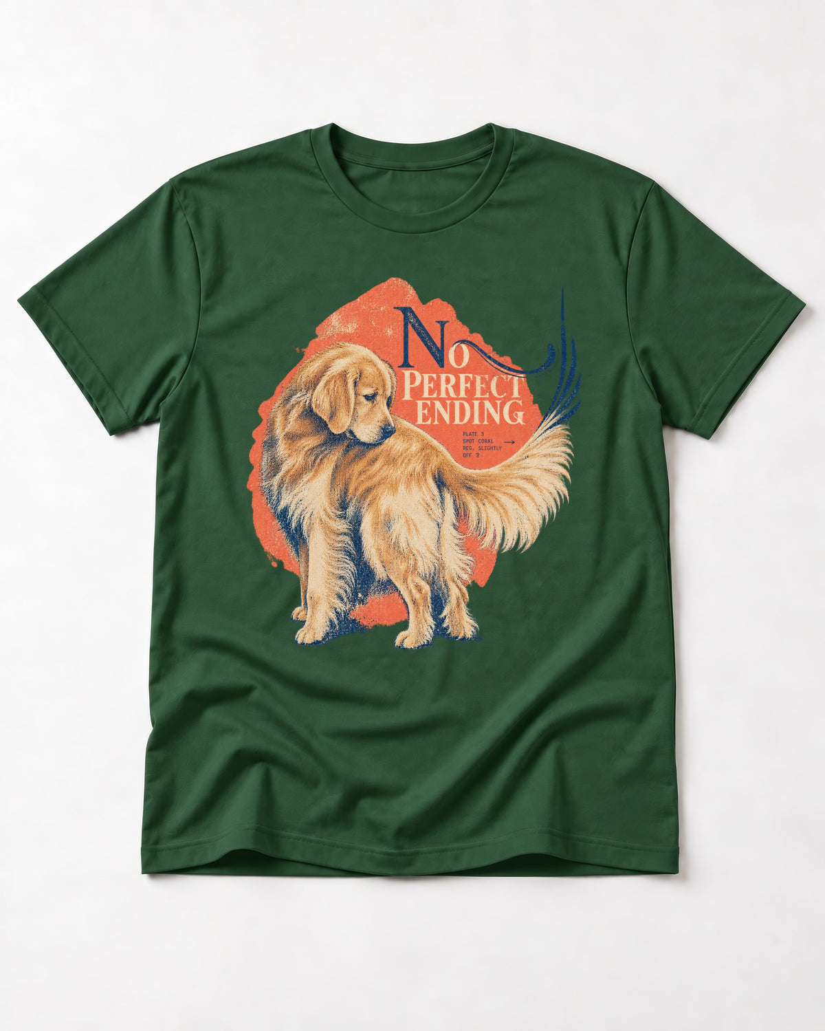 Golden Retriever No Perfect Ending Misregistration Graphic T-Shirt in Forest Green, flat lay product photo