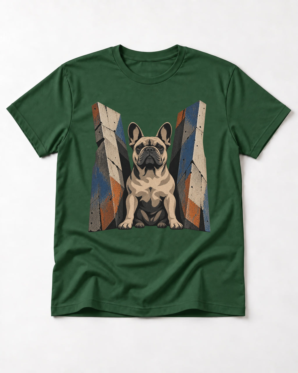 Frenchie Concrete Diplomat Barrier Portrait T-Shirt in Forest Green, flat lay product photo