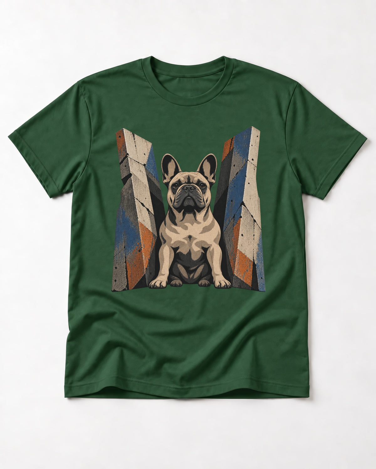 Frenchie Concrete Diplomat Barrier Portrait T-Shirt in Forest Green, flat lay product photo
