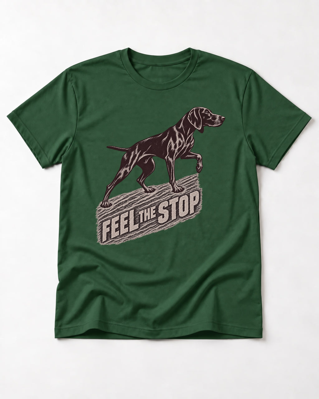 German Shorthaired Pointer Feel The Stop Frottage Graphic T-Shirt in Forest Green, flat lay product photo