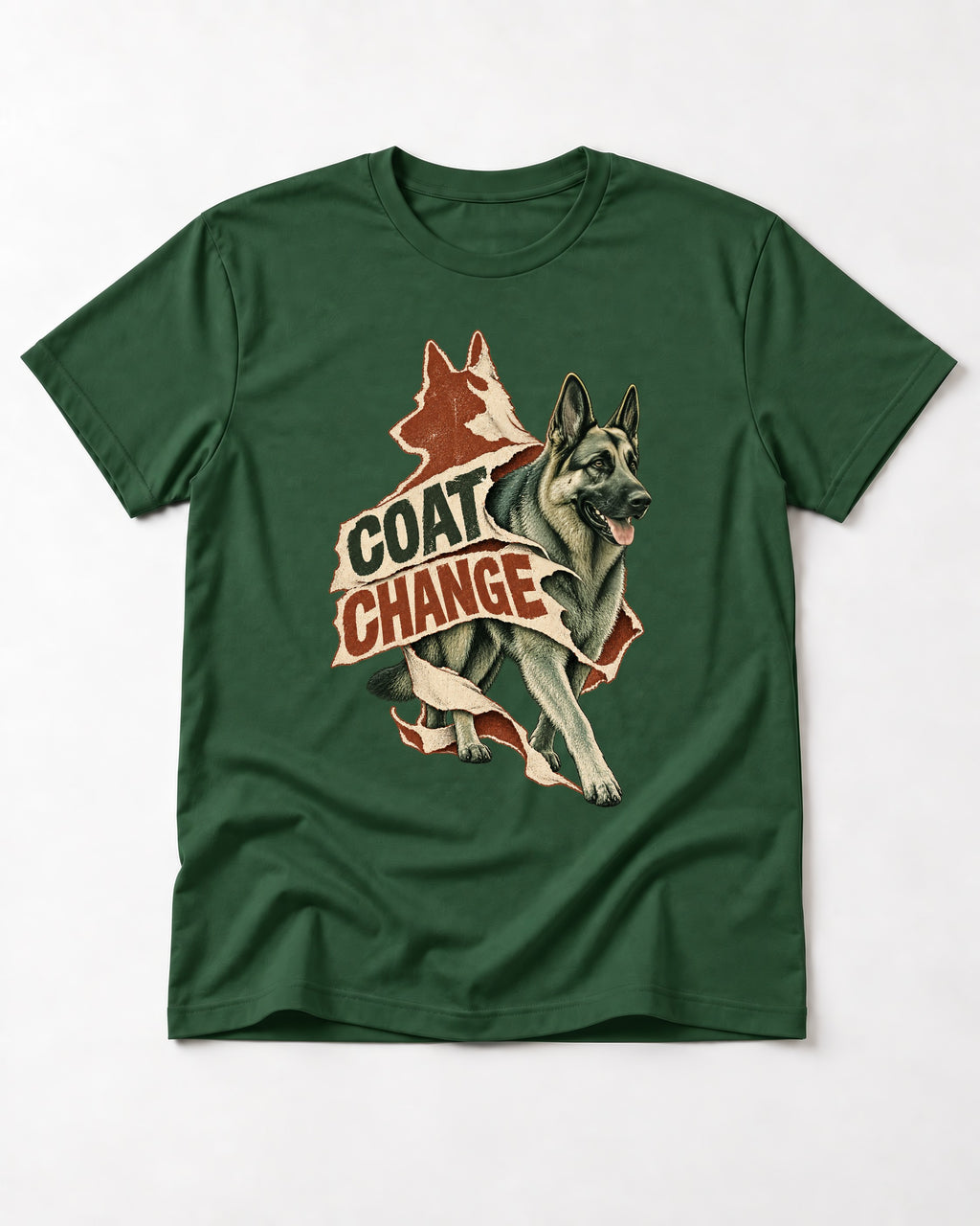 Coat Change Running German Shepherd Dog Ribbon Graphic T-Shirt in Forest Green, flat lay product photo