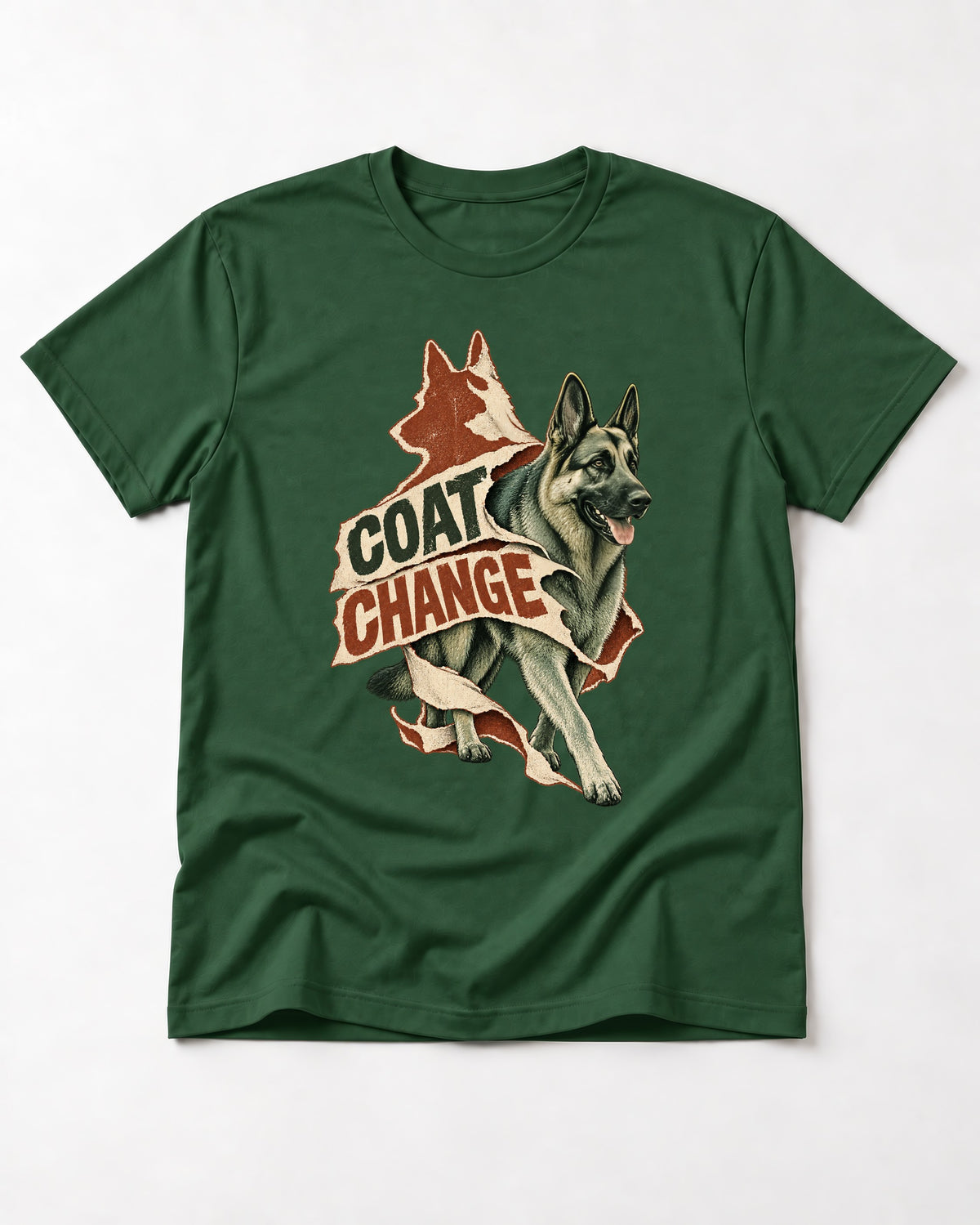 Coat Change Running German Shepherd Dog Ribbon Graphic T-Shirt in Forest Green, flat lay product photo