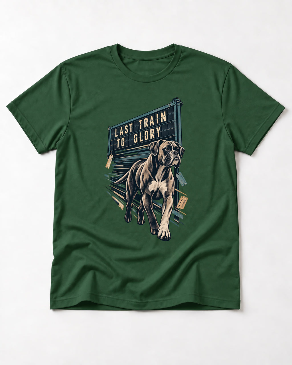 Last Train to Glory Boxer T-Shirt in Forest Green, flat lay product photo