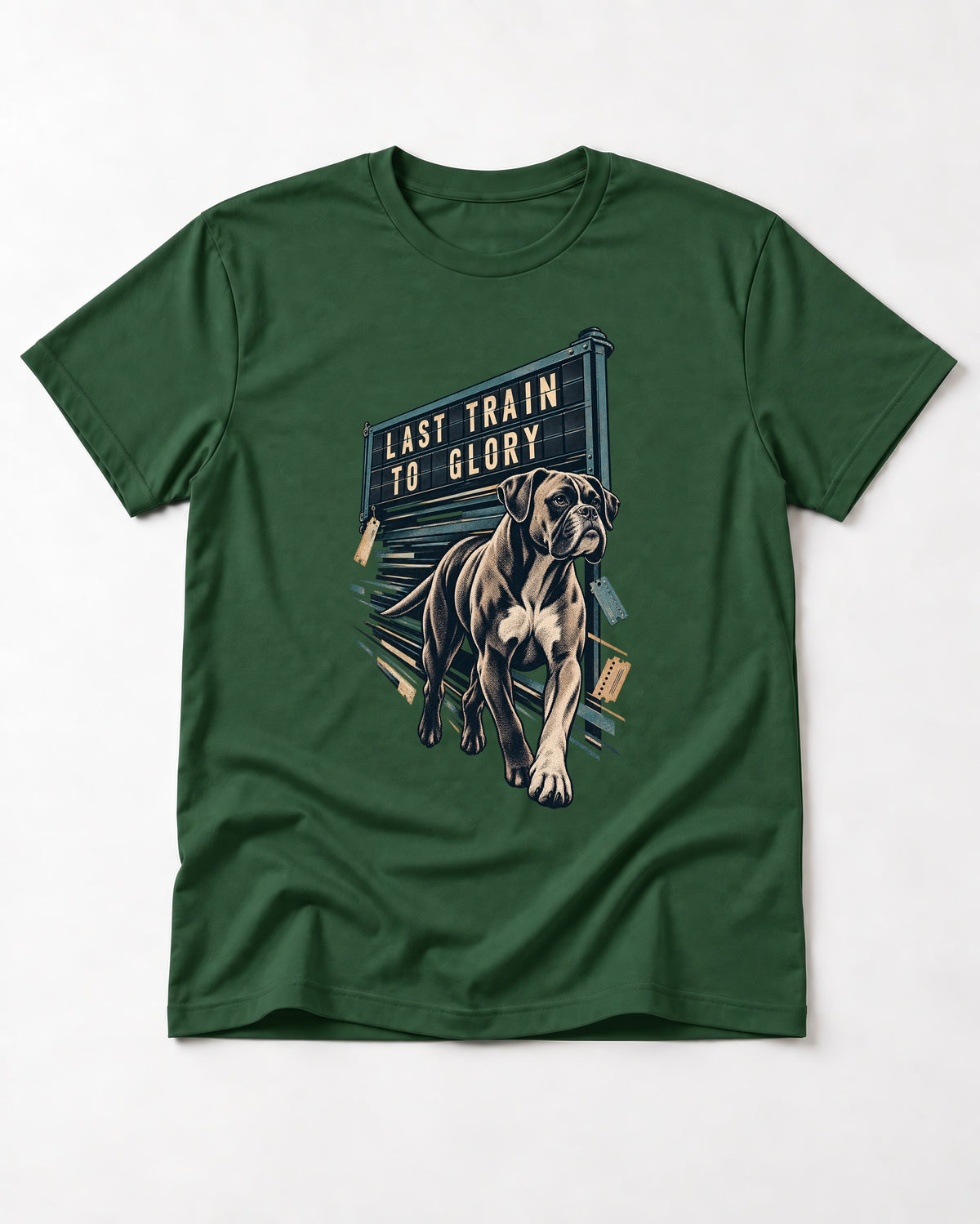 Last Train to Glory Boxer T-Shirt in Forest Green, flat lay product photo