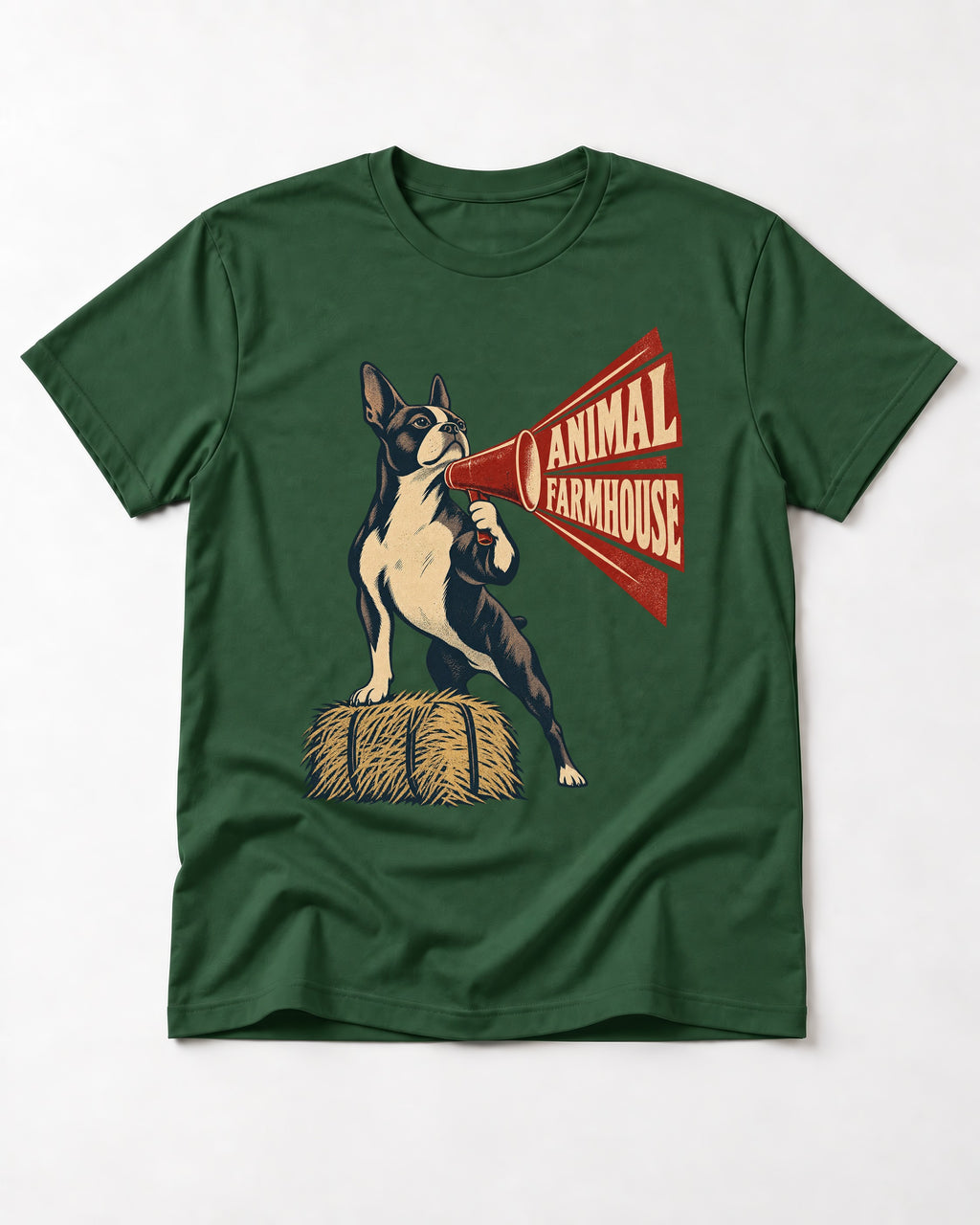 Animal Farmhouse Boston Terrier T-Shirt in Forest Green, flat lay product photo