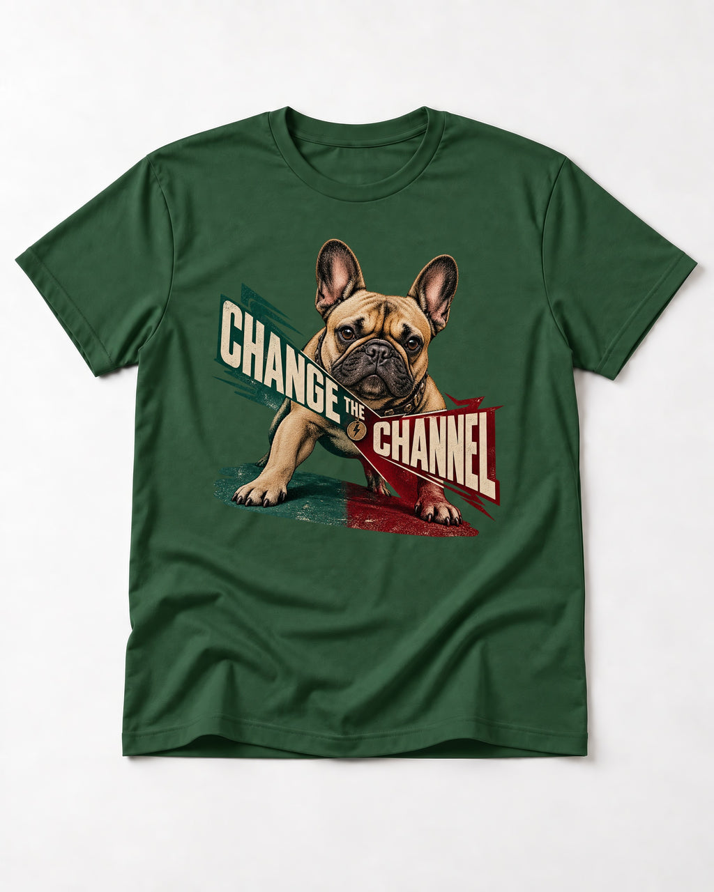 Frenchie Change the Channel Graphic T-Shirt in Forest Green, flat lay product photo