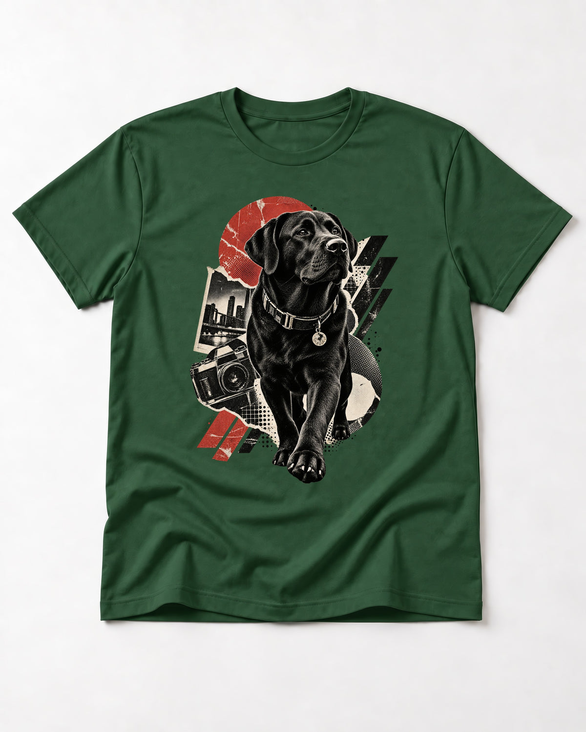 Labrador Retriever Camera City Halftone Collage Graphic T-Shirt in Forest Green, flat lay product photo