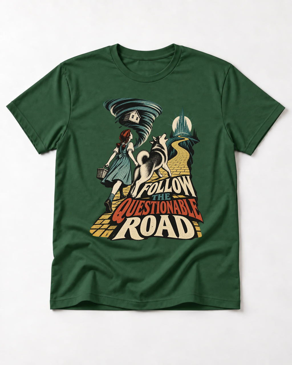 Husky Follow the Questionable Road Tornado Graphic T-Shirt in Forest Green, flat lay product photo