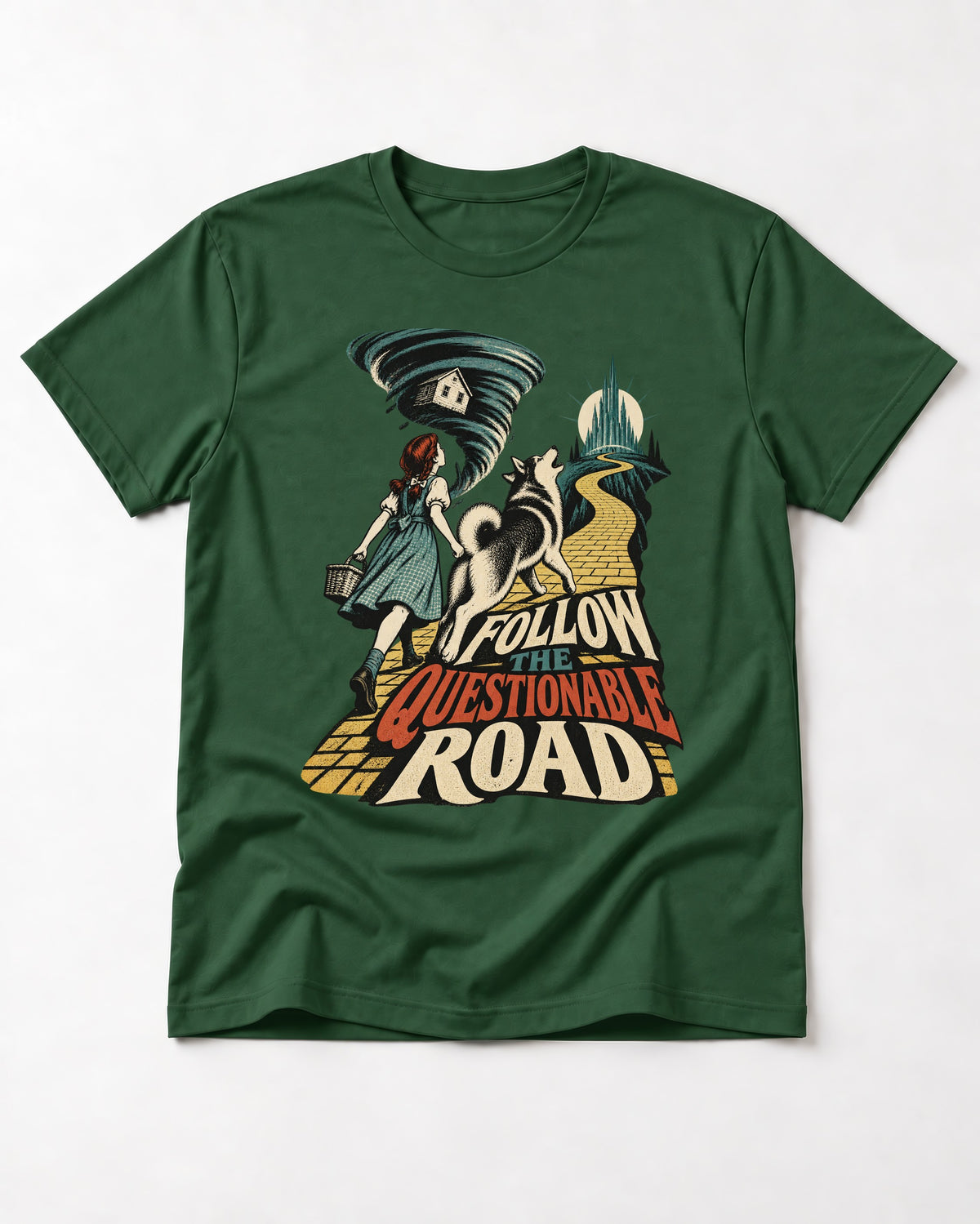Husky Follow the Questionable Road Tornado Graphic T-Shirt in Forest Green, flat lay product photo