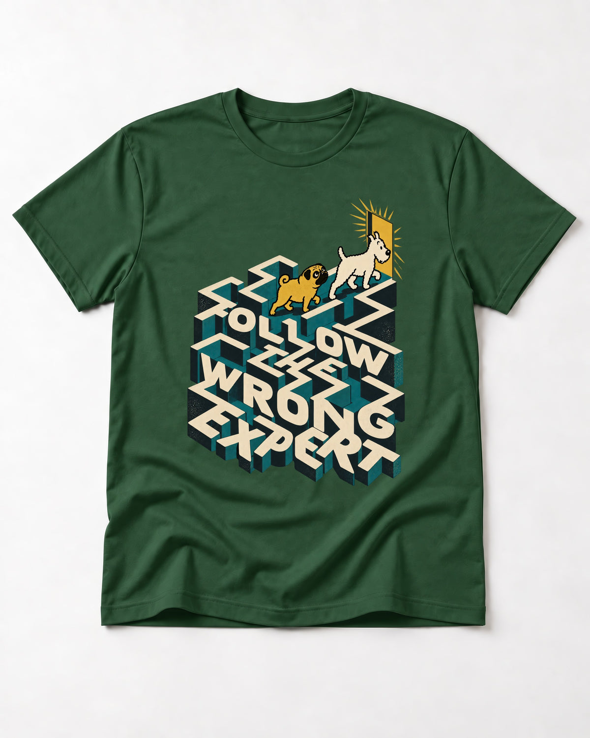 Pug Follow the Wrong Expert Isometric Maze Graphic T-Shirt in Forest Green, flat lay product photo