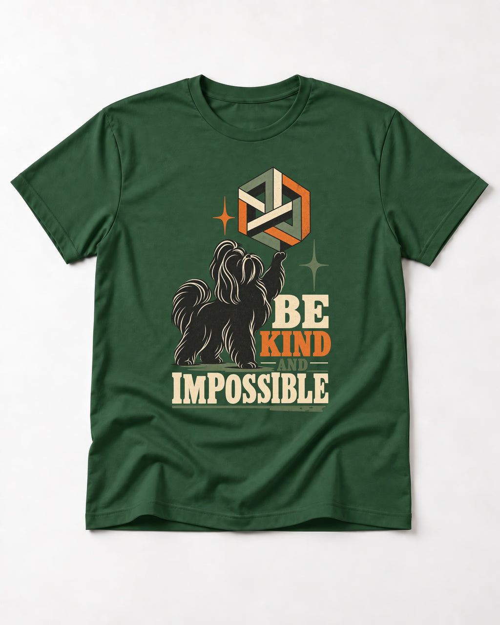 Shih Tzu Be Kind and Impossible Geometric Cube Graphic T-Shirt in Forest Green, flat lay product photo