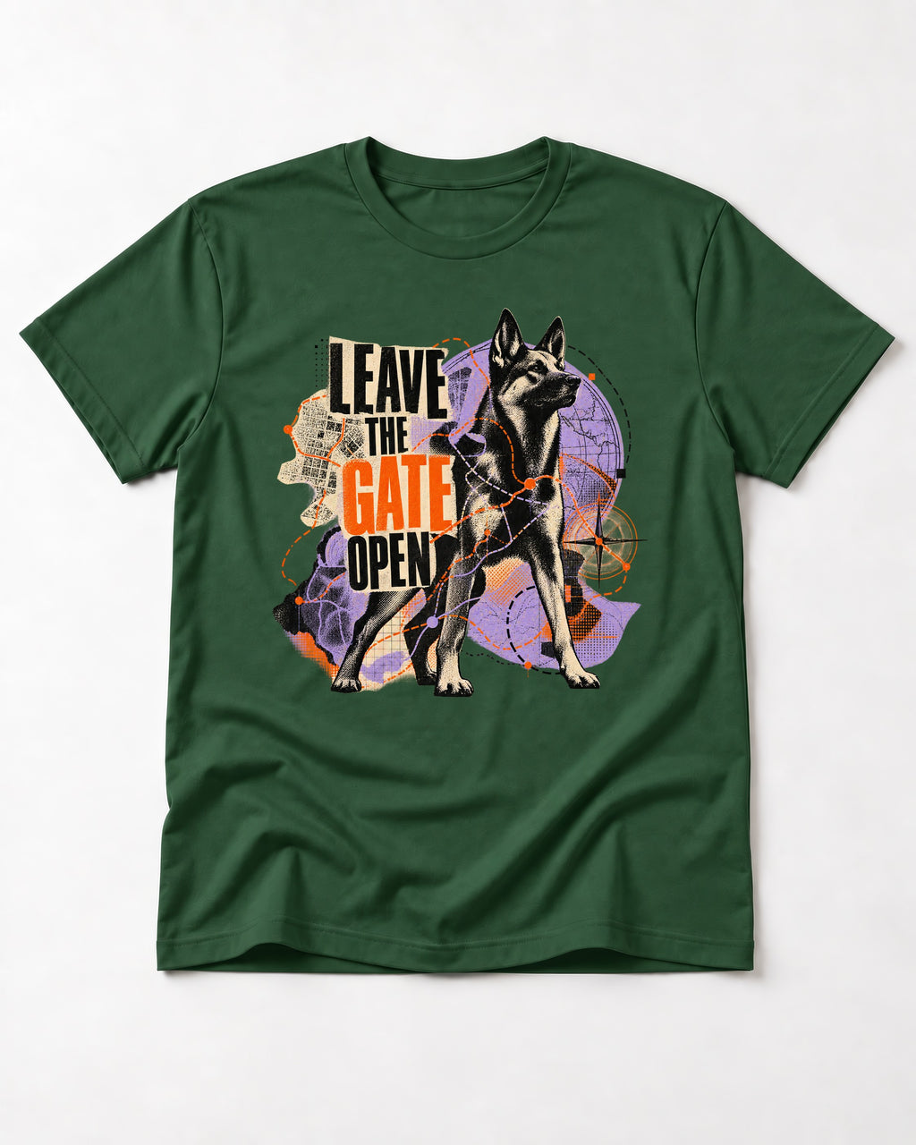 Leave The Gate Open Transit Collage German Shepherd Dog Graphic T-Shirt in Forest Green, flat lay product photo