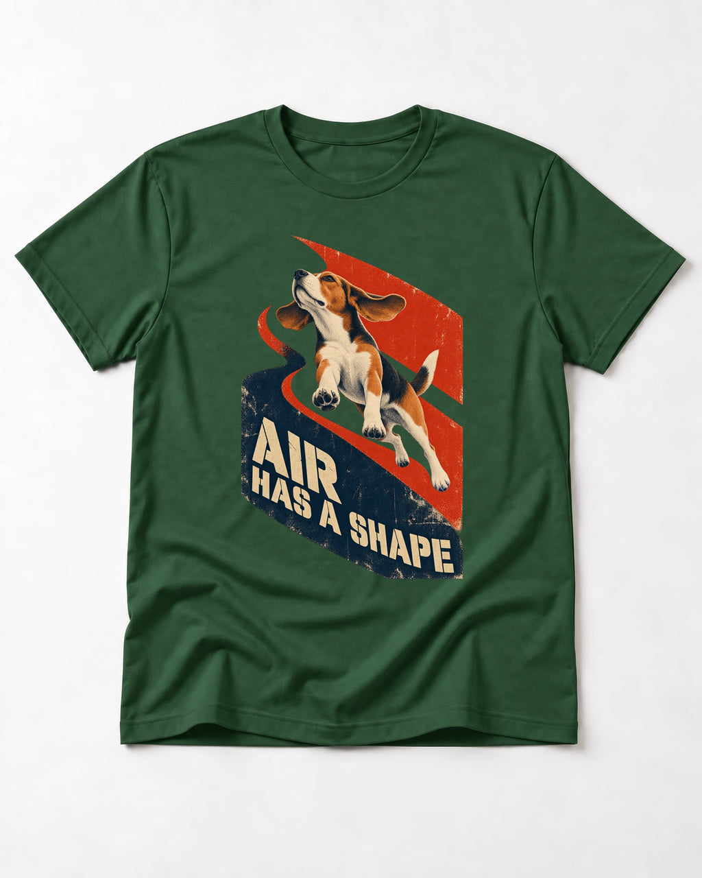 Air Has A Shape Beagle Jumping Graphic T-Shirt in Forest Green, flat lay product photo