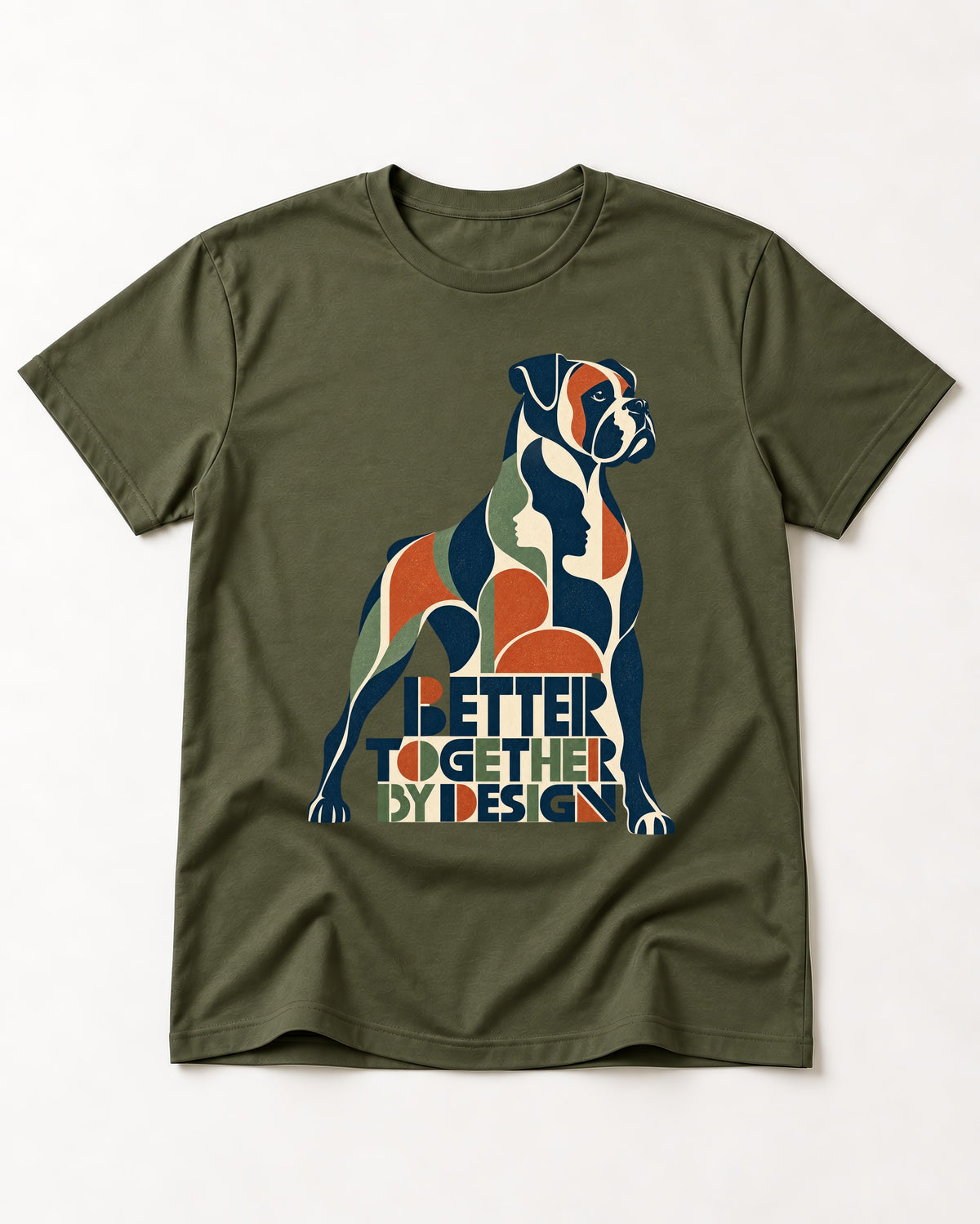 Better Together By Design Boxer Geometric Mosaic T-Shirt in Heather Military Green, flat lay product photo