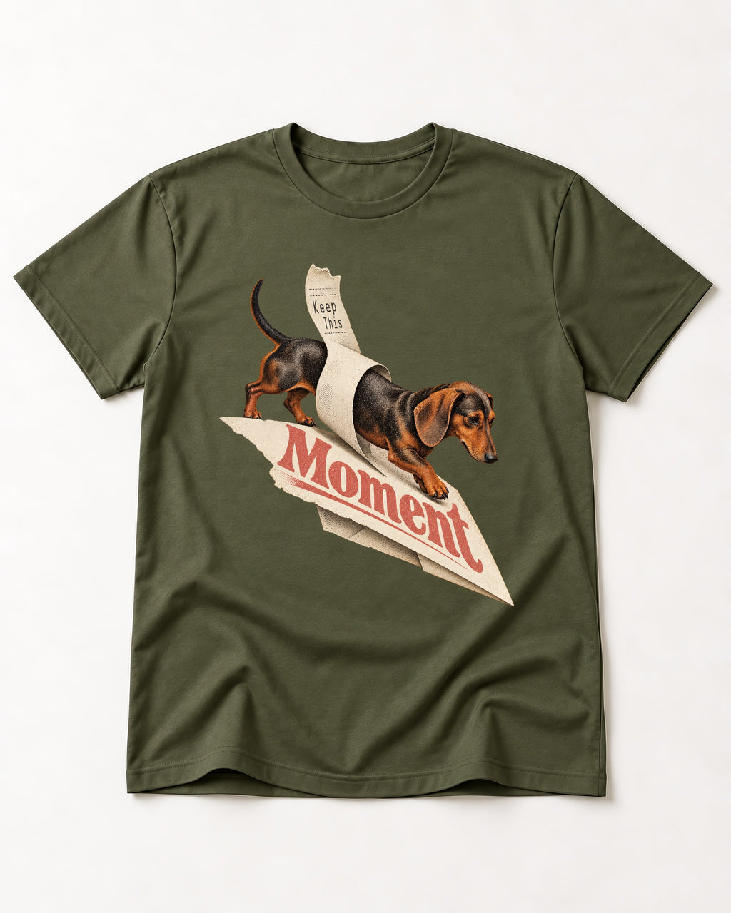 Dachshund Keep This Moment Receipt Graphic T-Shirt in Heather Military Green, flat lay product photo