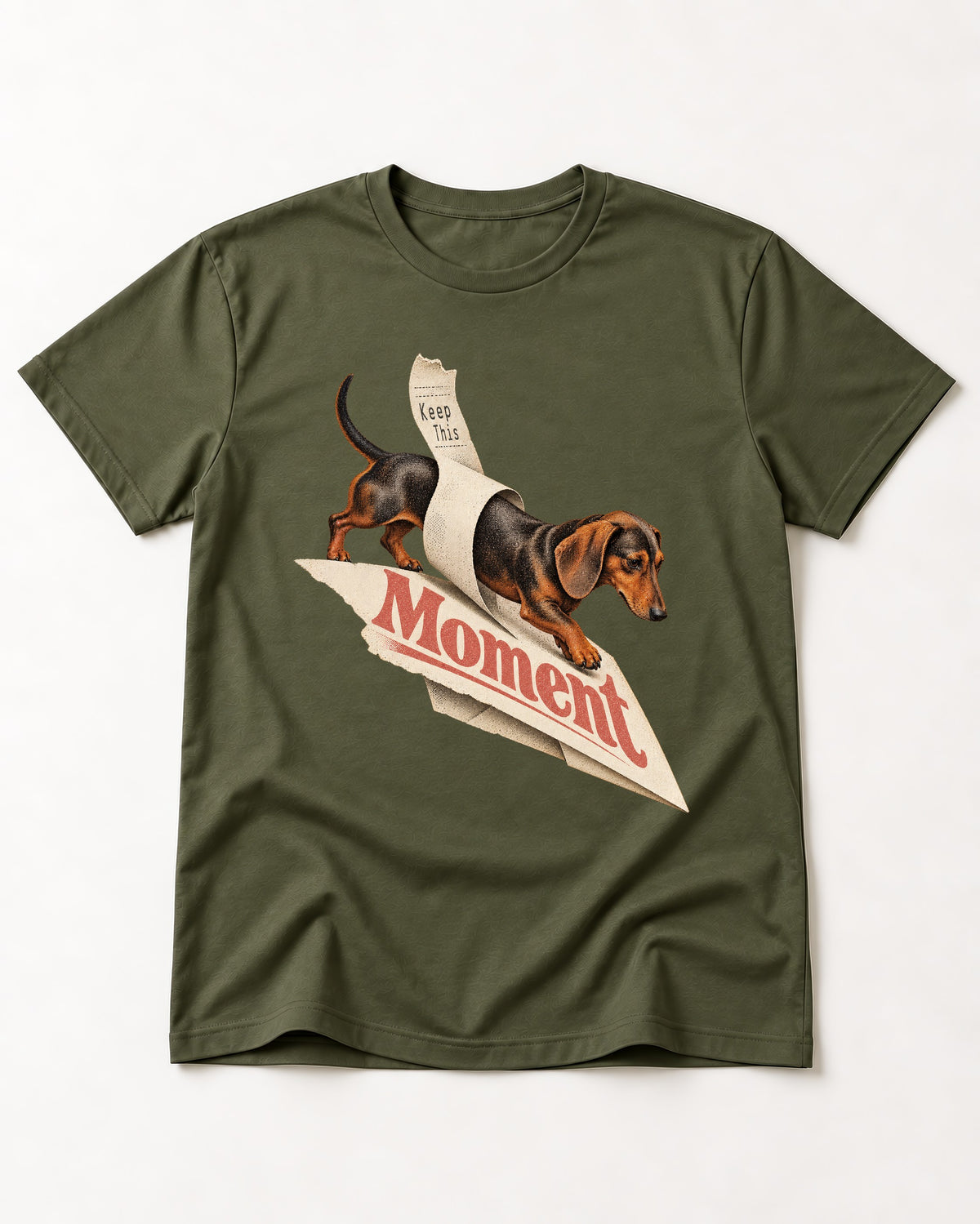 Dachshund Keep This Moment Receipt Graphic T-Shirt in Heather Military Green, flat lay product photo