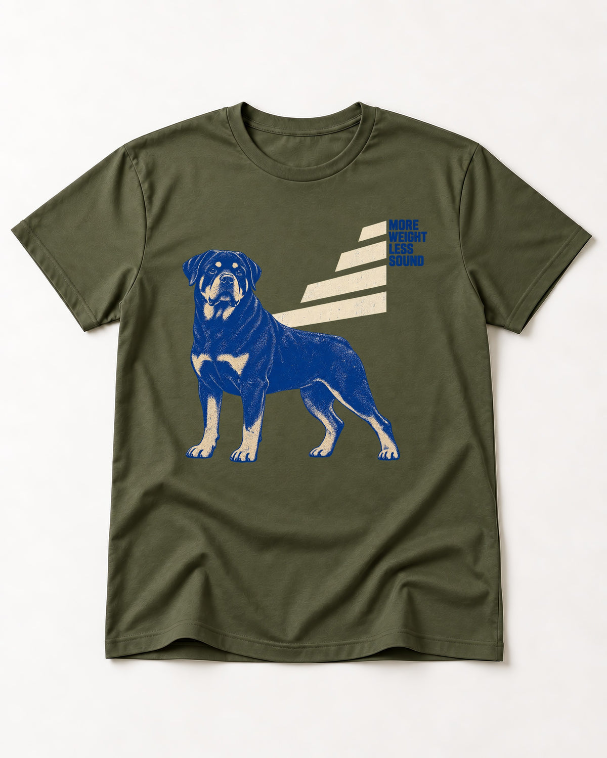 Rottweiler More Weight Less Sound Stair Step Graphic T-Shirt in Heather Military Green, flat lay product photo