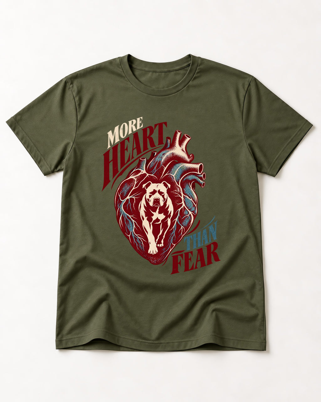 Pitbull More Heart Than Fear Anatomical Heart Graphic T-Shirt in Heather Military Green, flat lay product photo