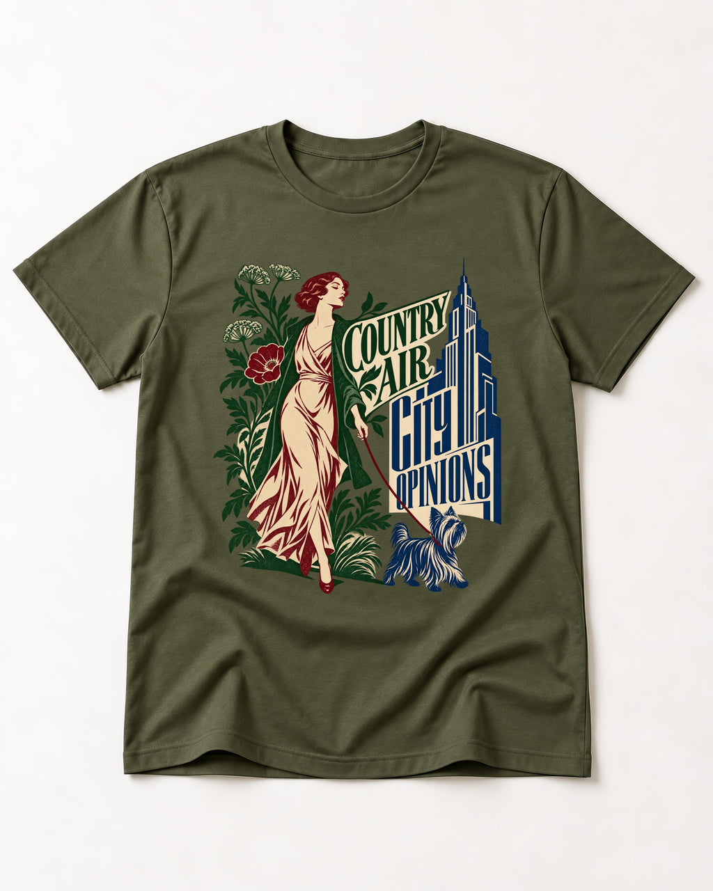 Yorkshire Terrier Country Air City Opinions Botanical Graphic T-Shirt in Heather Military Green, flat lay product photo