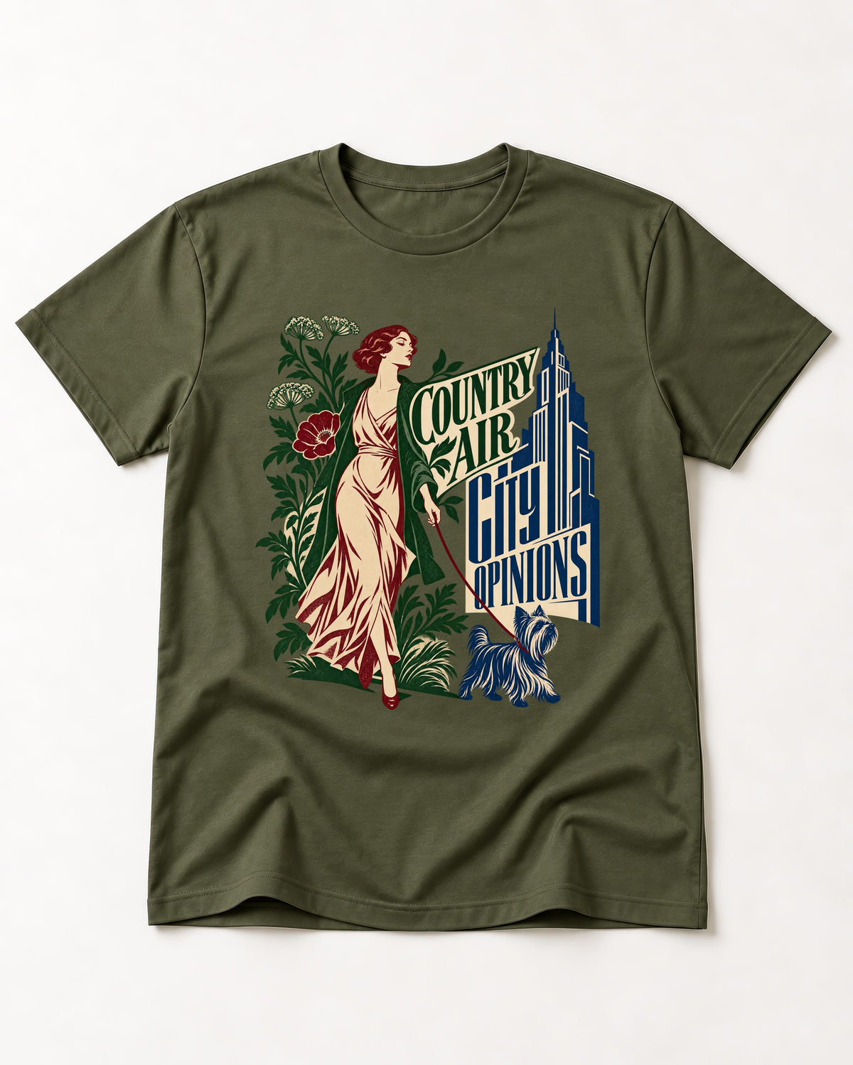 Yorkshire Terrier Country Air City Opinions Botanical Graphic T-Shirt in Heather Military Green, flat lay product photo