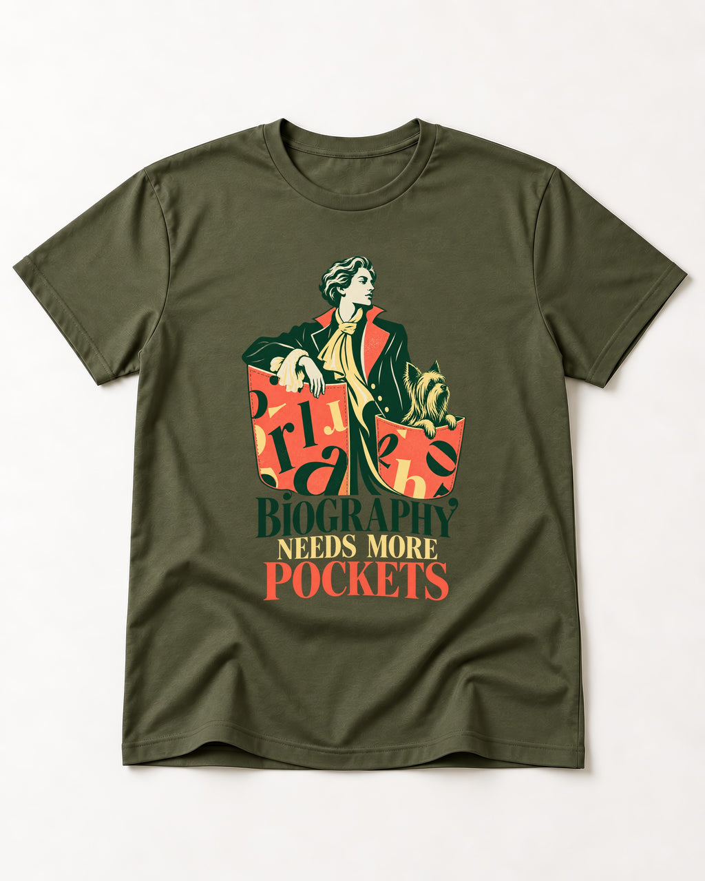 Yorkshire Terrier Biography Needs More Pockets Literary Portrait Graphic T-Shirt in Heather Military Green, flat lay product photo