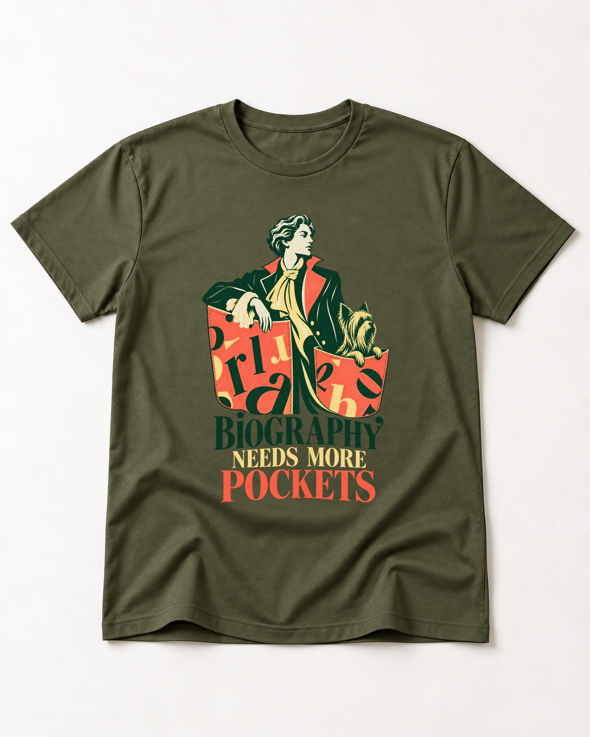 Yorkshire Terrier Biography Needs More Pockets Literary Portrait Graphic T-Shirt in Heather Military Green, flat lay product photo
