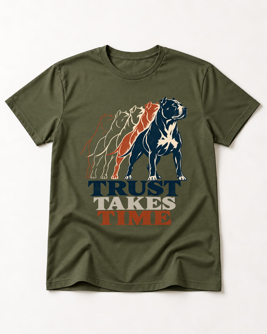 Pitbull Trust Takes Time Progression Graphic T-Shirt in Heather Military Green, flat lay product photo