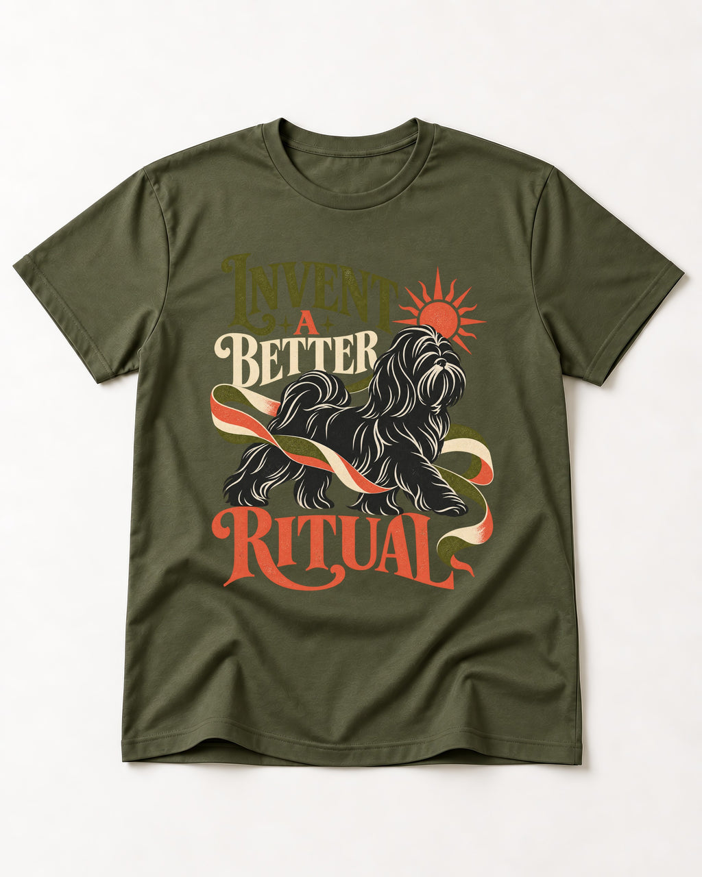 Shih Tzu Invent A Better Ritual Sunrise Ribbon Graphic T-Shirt in Heather Military Green, flat lay product photo