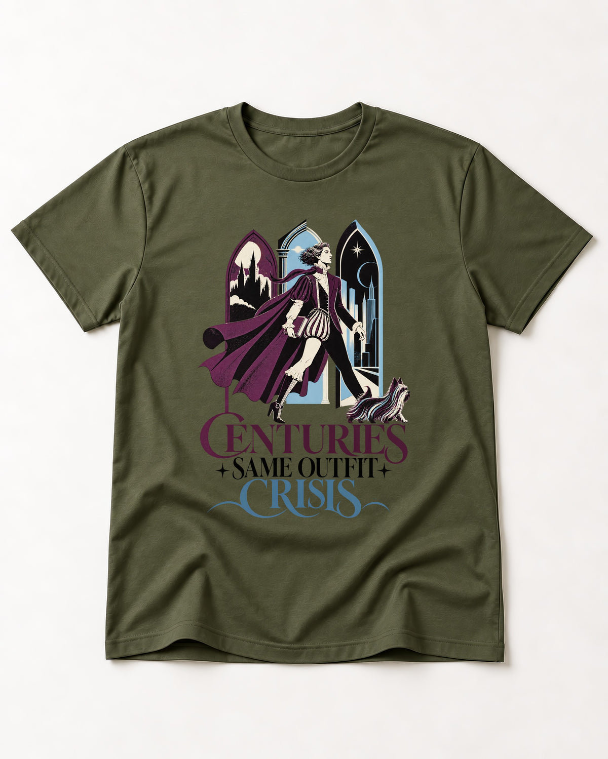 Yorkshire Terrier Centuries Same Outfit Crisis Gothic Graphic T-Shirt in Heather Military Green, flat lay product photo