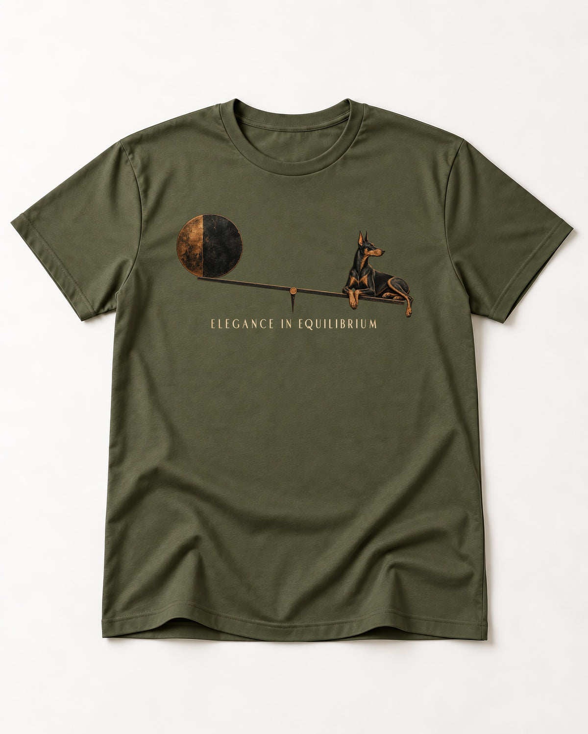 Doberman Elegance in Equilibrium Balance Graphic T-Shirt in Heather Military Green, flat lay product photo