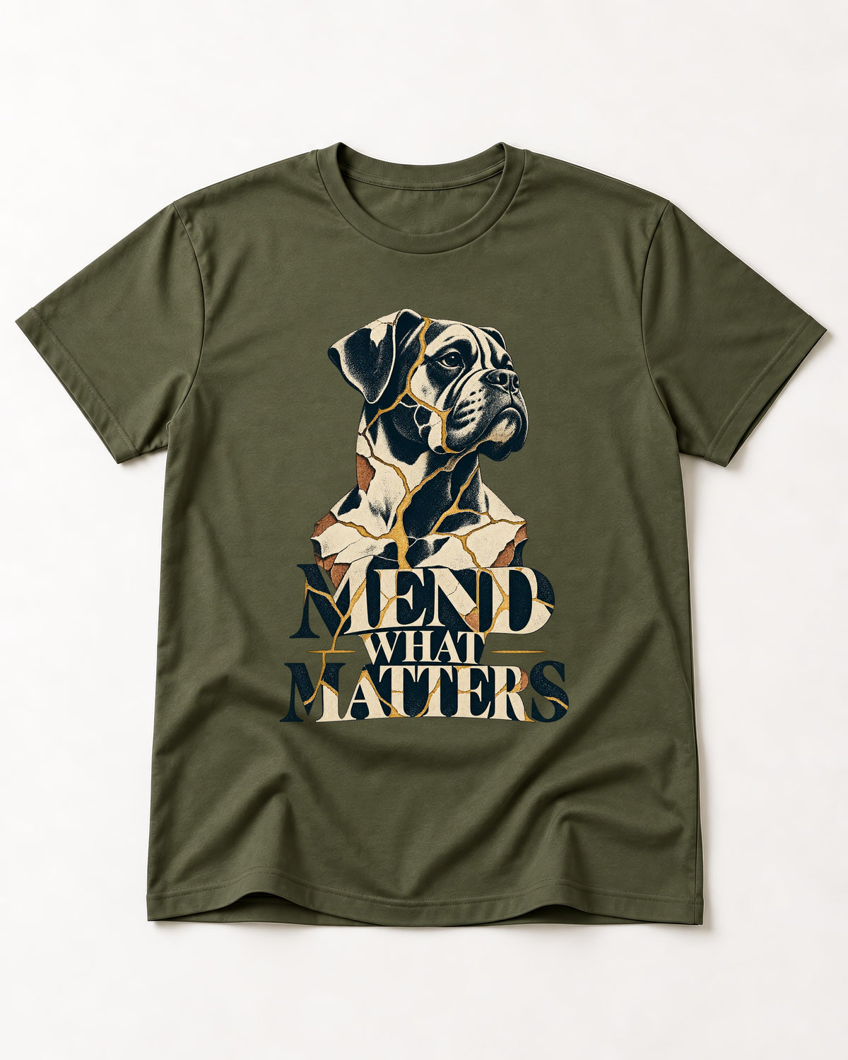 Mend What Matters Boxer Kintsugi Portrait T-Shirt in Heather Military Green, flat lay product photo