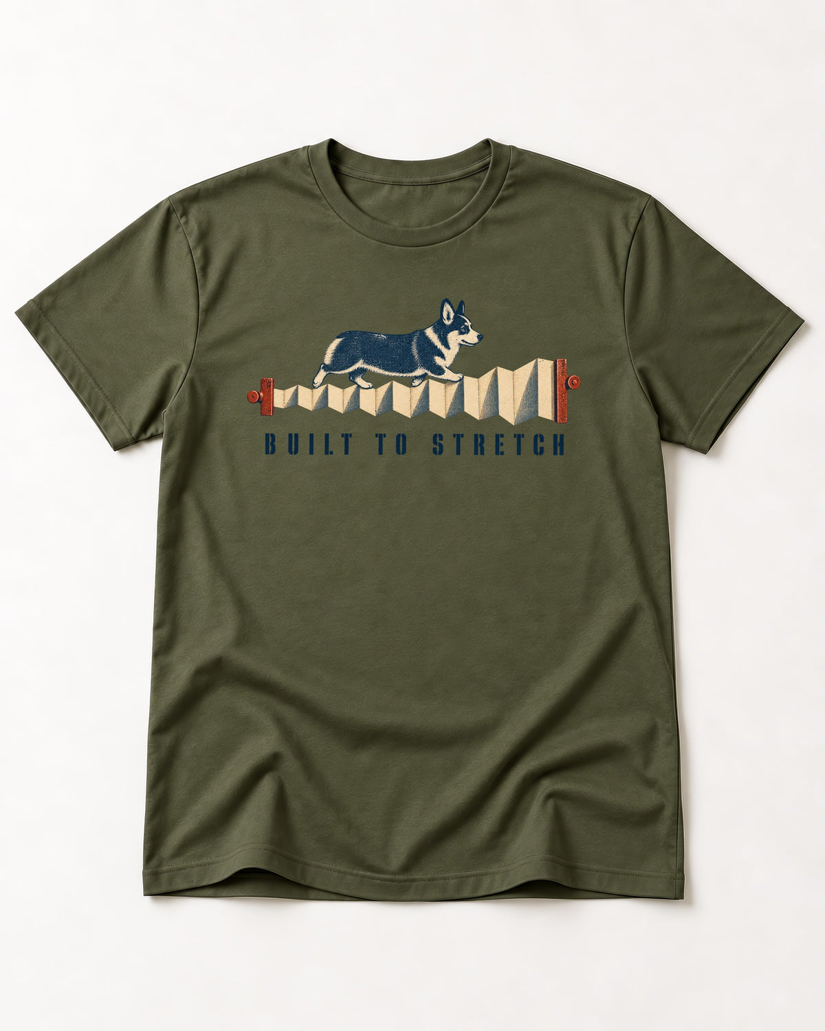 Corgi Built to Stretch Accordion Graphic T-Shirt in Heather Military Green, flat lay product photo