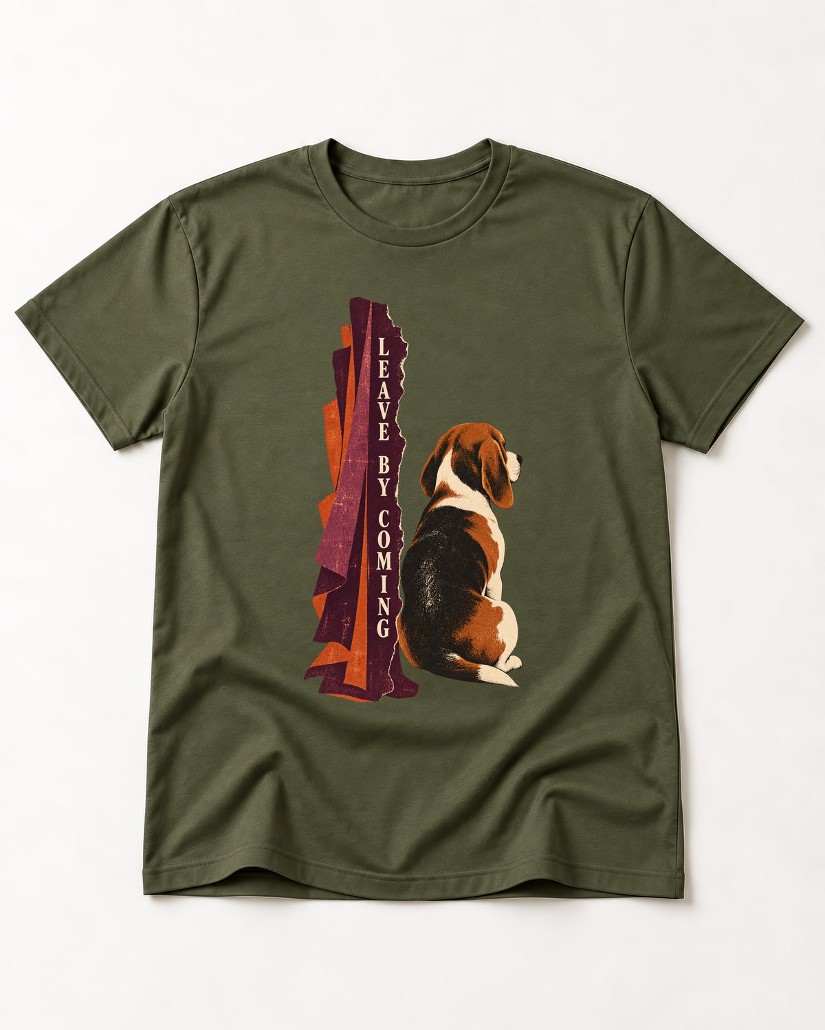 Leave By Coming Beagle Companion T-Shirt in Heather Military Green, flat lay product photo
