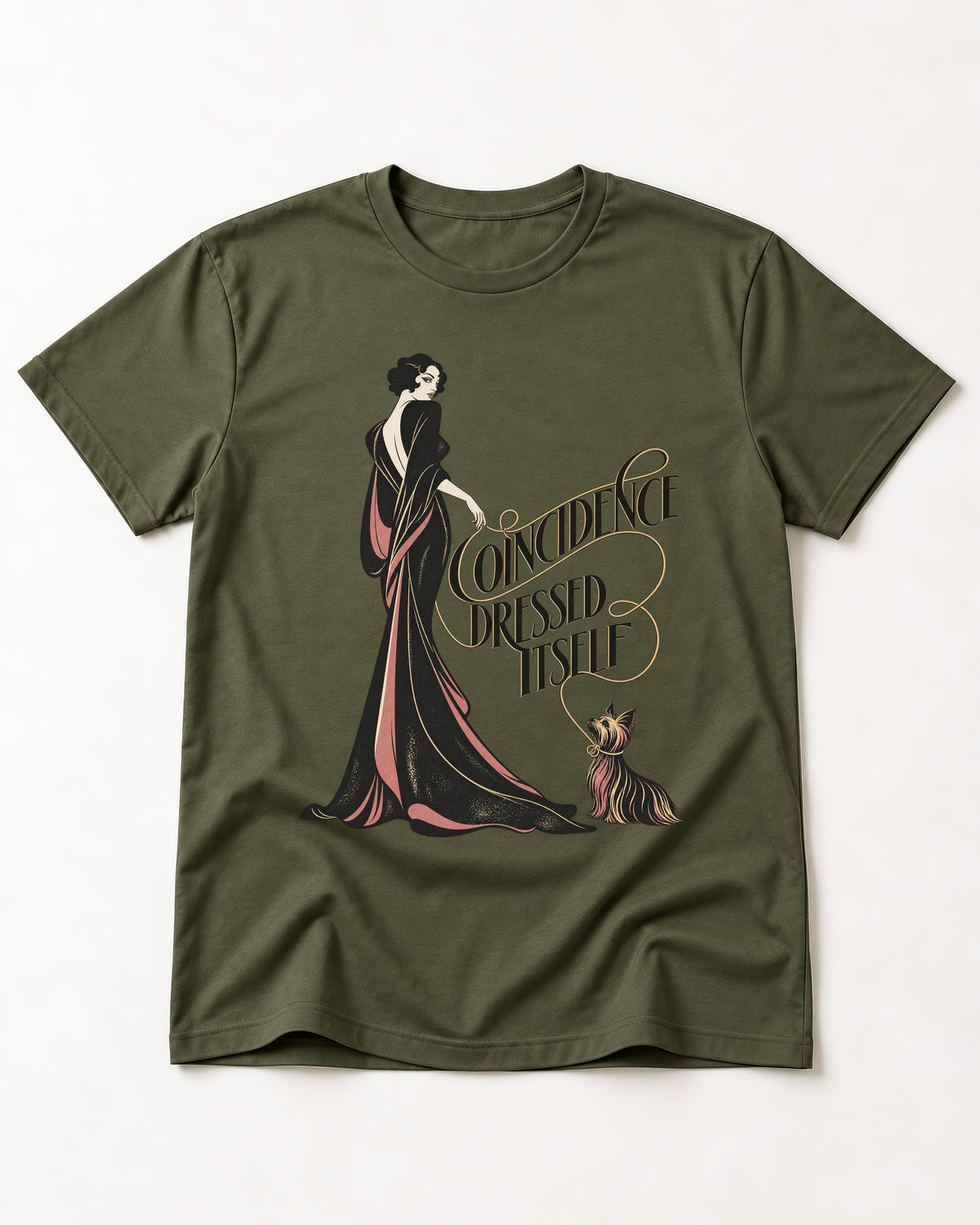 Yorkshire Terrier Coincidence Dressed Itself Art Deco Graphic T-Shirt in Heather Military Green, flat lay product photo