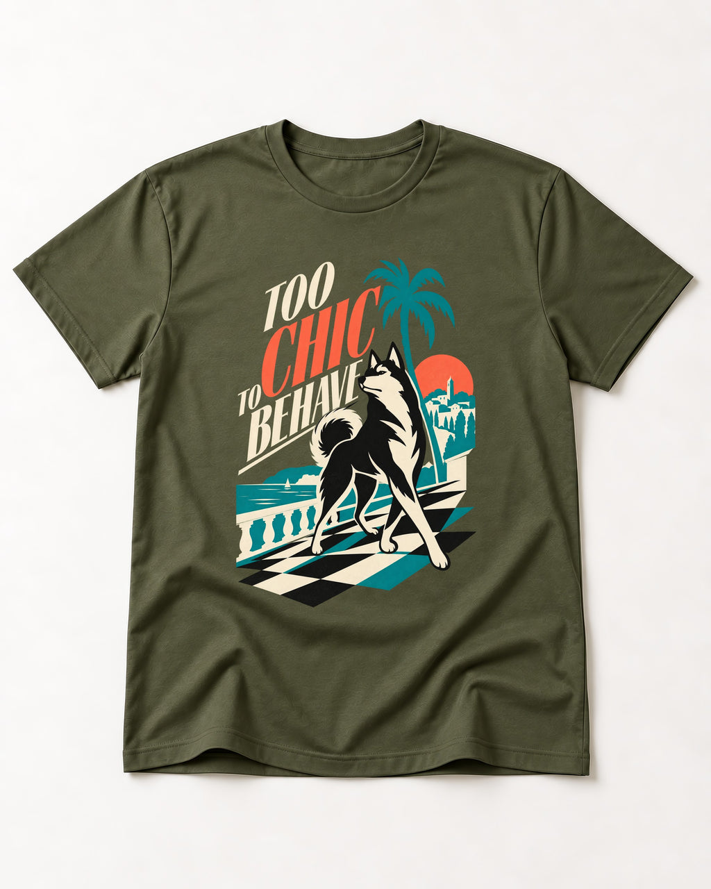 Husky Too Chic to Behave Riviera Graphic T-Shirt in Heather Military Green, flat lay product photo