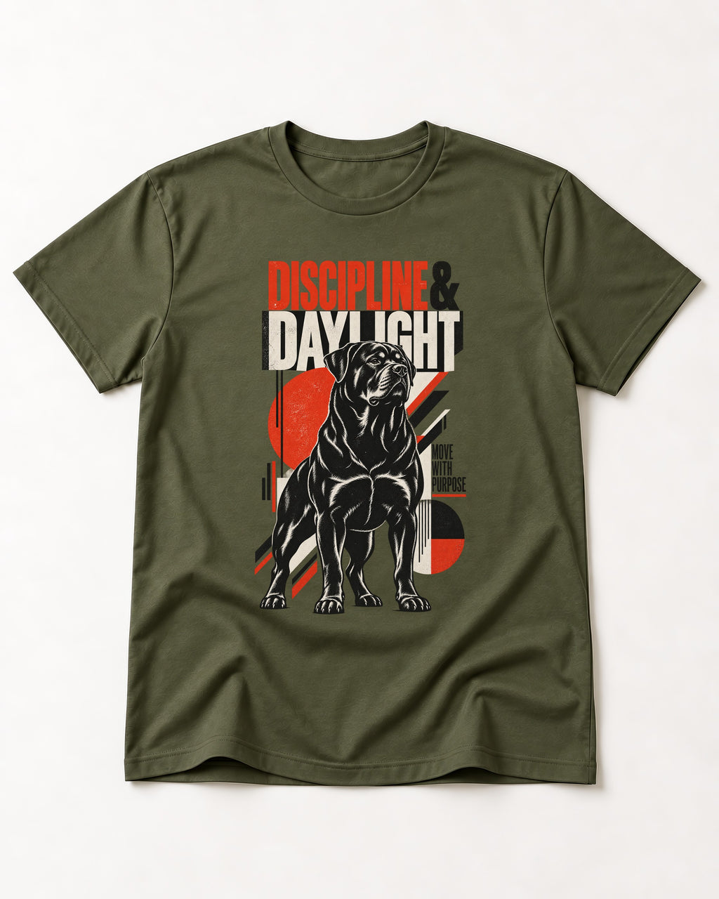 Discipline and Daylight Rottweiler Move With Purpose T-Shirt in Heather Military Green, flat lay product photo