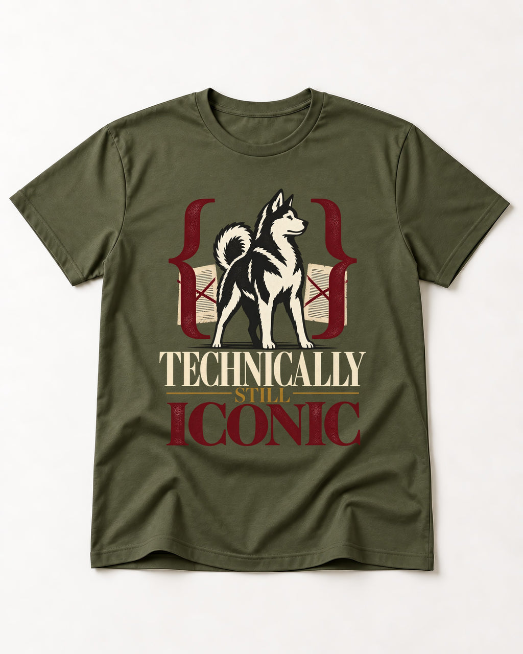 Husky Technically Still Iconic Editorial Frame Graphic T-Shirt in Heather Military Green, flat lay product photo