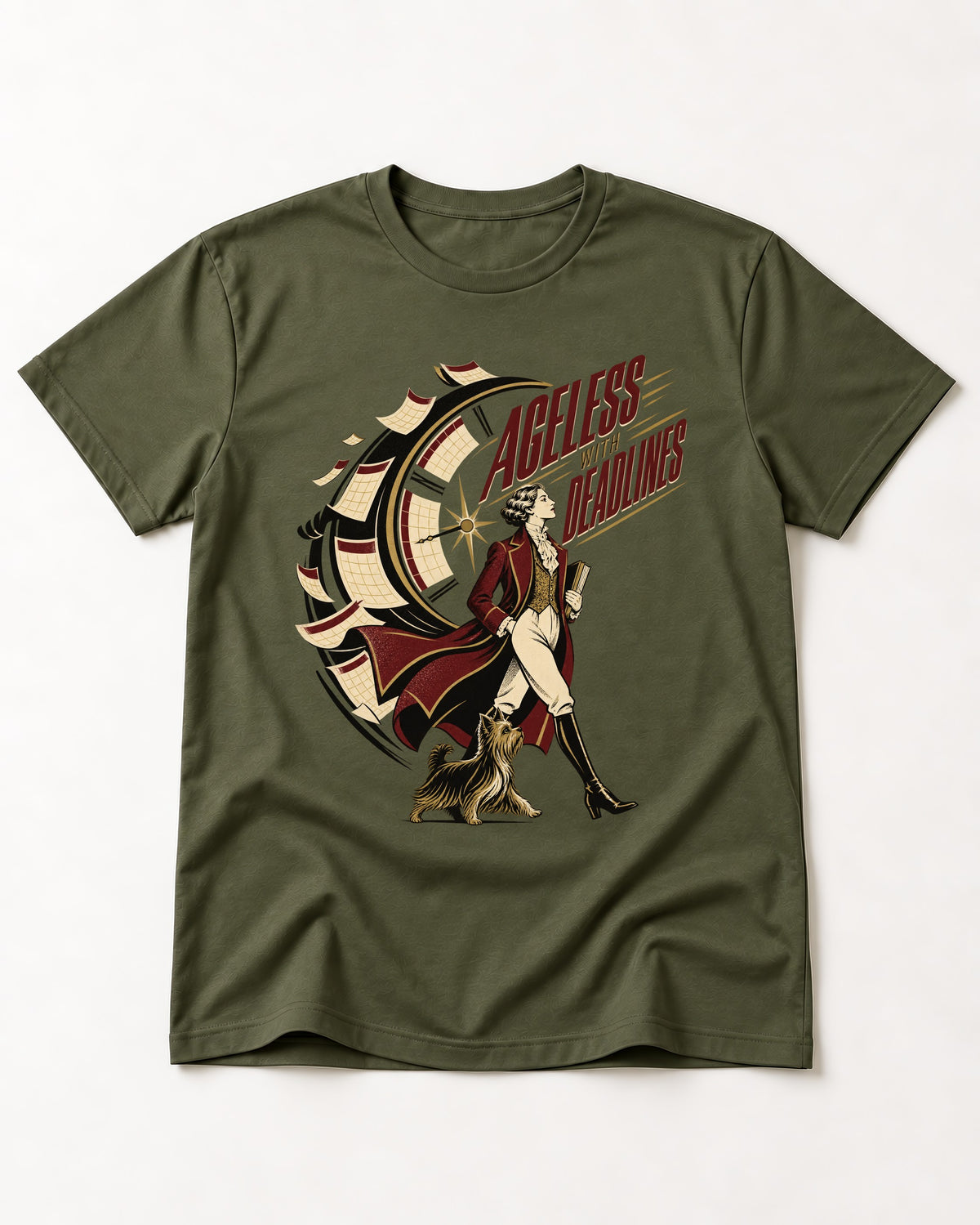 Yorkshire Terrier Ageless with Deadlines Calendar Clock Graphic T-Shirt in Heather Military Green, flat lay product photo