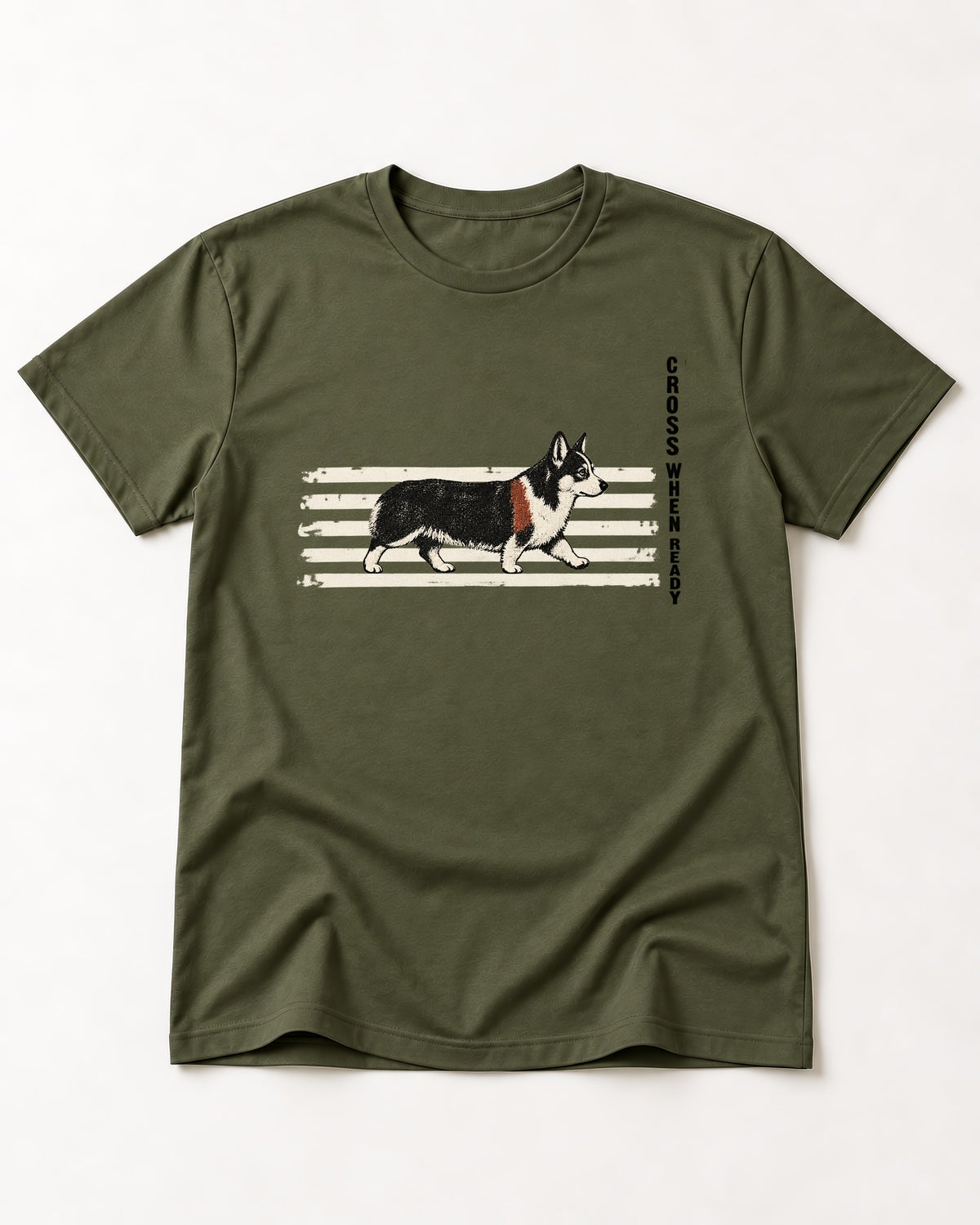 Corgi Cross When Ready Crossing Bars Graphic T-Shirt in Heather Military Green, flat lay product photo