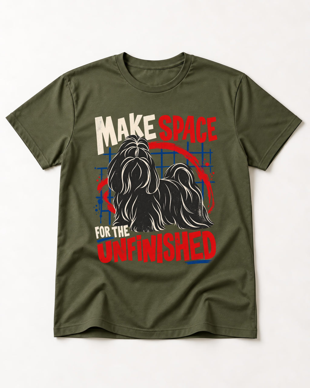 Shih Tzu Make Space for the Unfinished Abstract Circle Graphic T-Shirt in Heather Military Green, flat lay product photo
