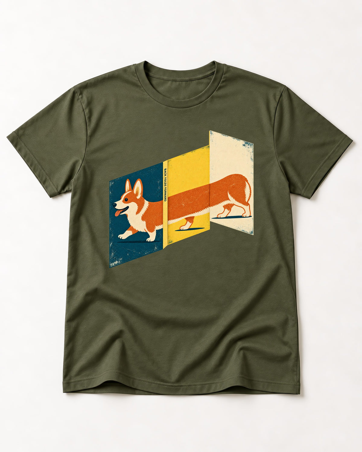 Corgi Back Folds Forward Panels T-Shirt in Heather Military Green, flat lay product photo