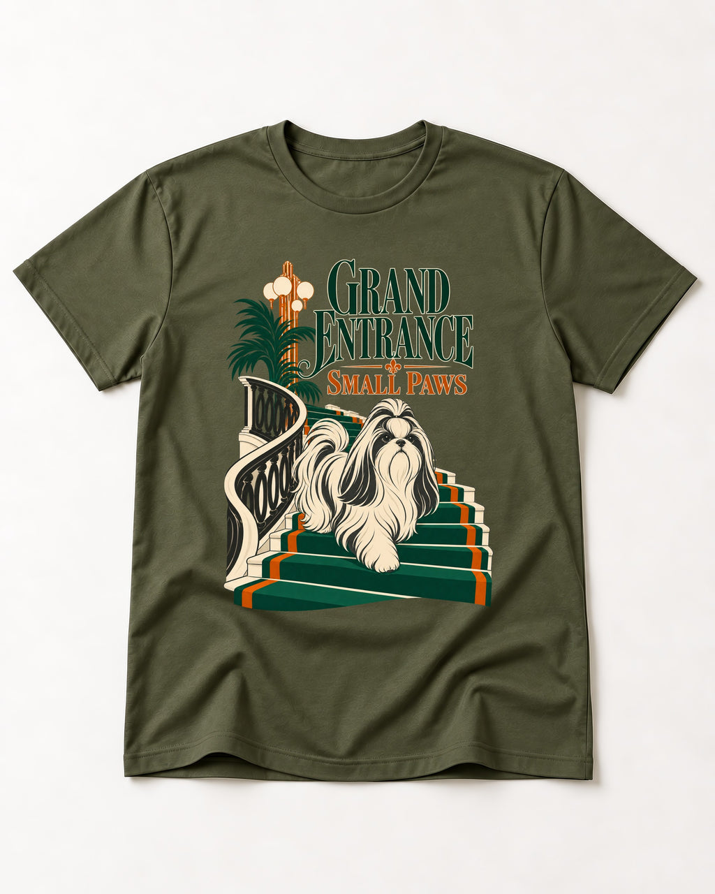 Shih Tzu Grand Entrance Small Paws Staircase Graphic T-Shirt in Heather Military Green, flat lay product photo
