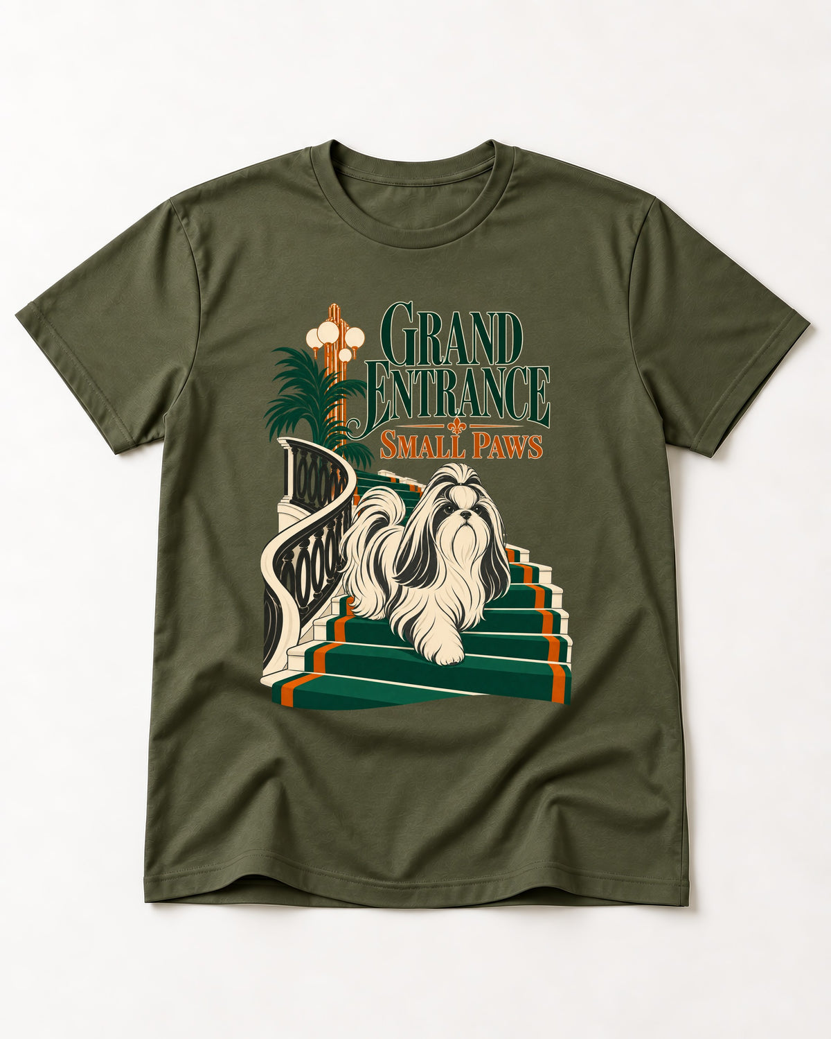 Shih Tzu Grand Entrance Small Paws Staircase Graphic T-Shirt in Heather Military Green, flat lay product photo
