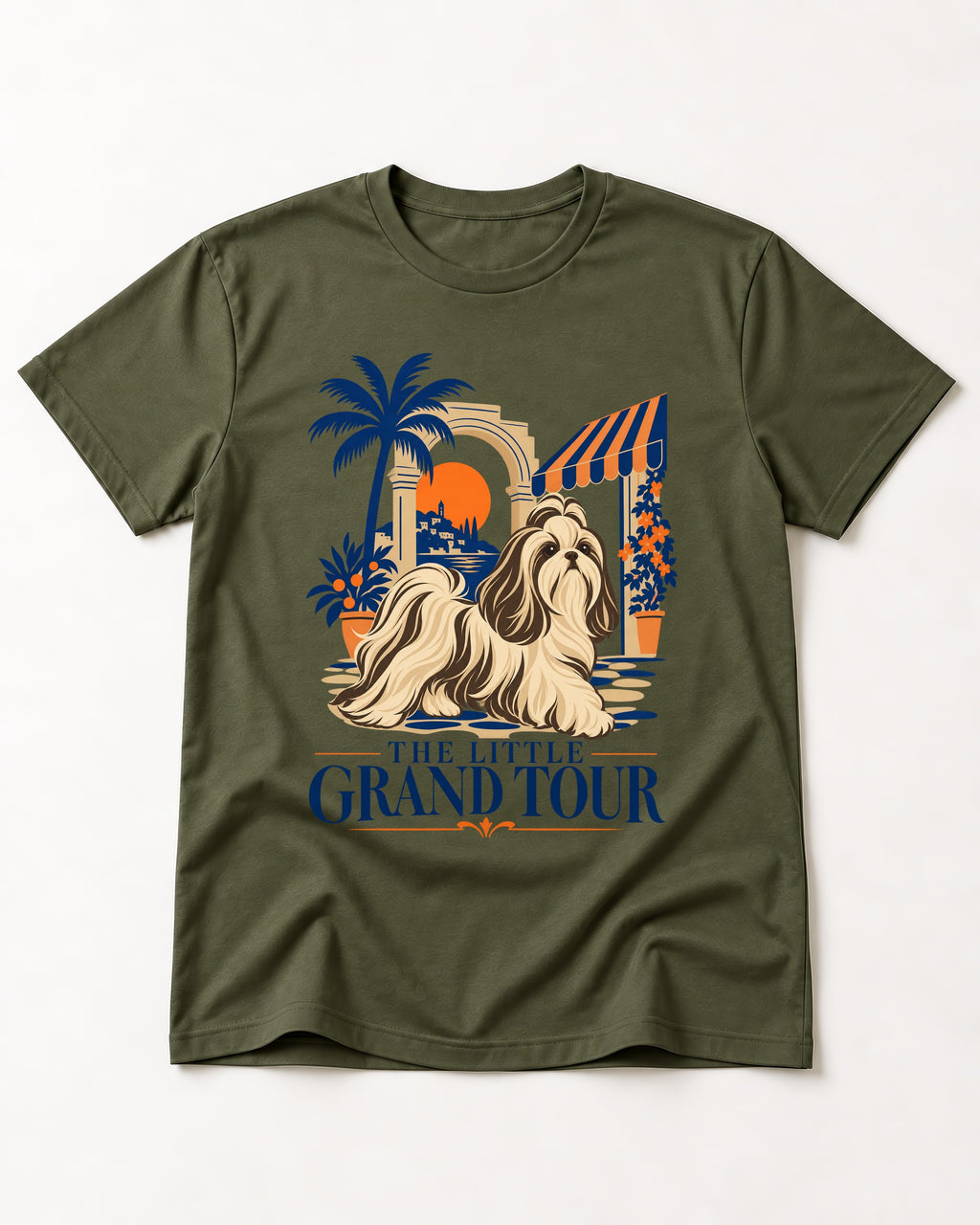 Shih Tzu The Little Grand Tour Mediterranean Courtyard Graphic T-Shirt in Heather Military Green, flat lay product photo