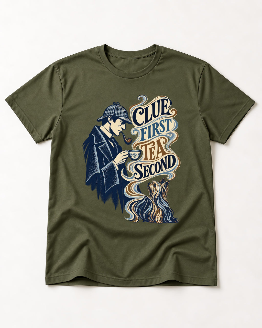 Yorkshire Terrier Clue First Tea Second Detective Graphic T-Shirt in Heather Military Green, flat lay product photo