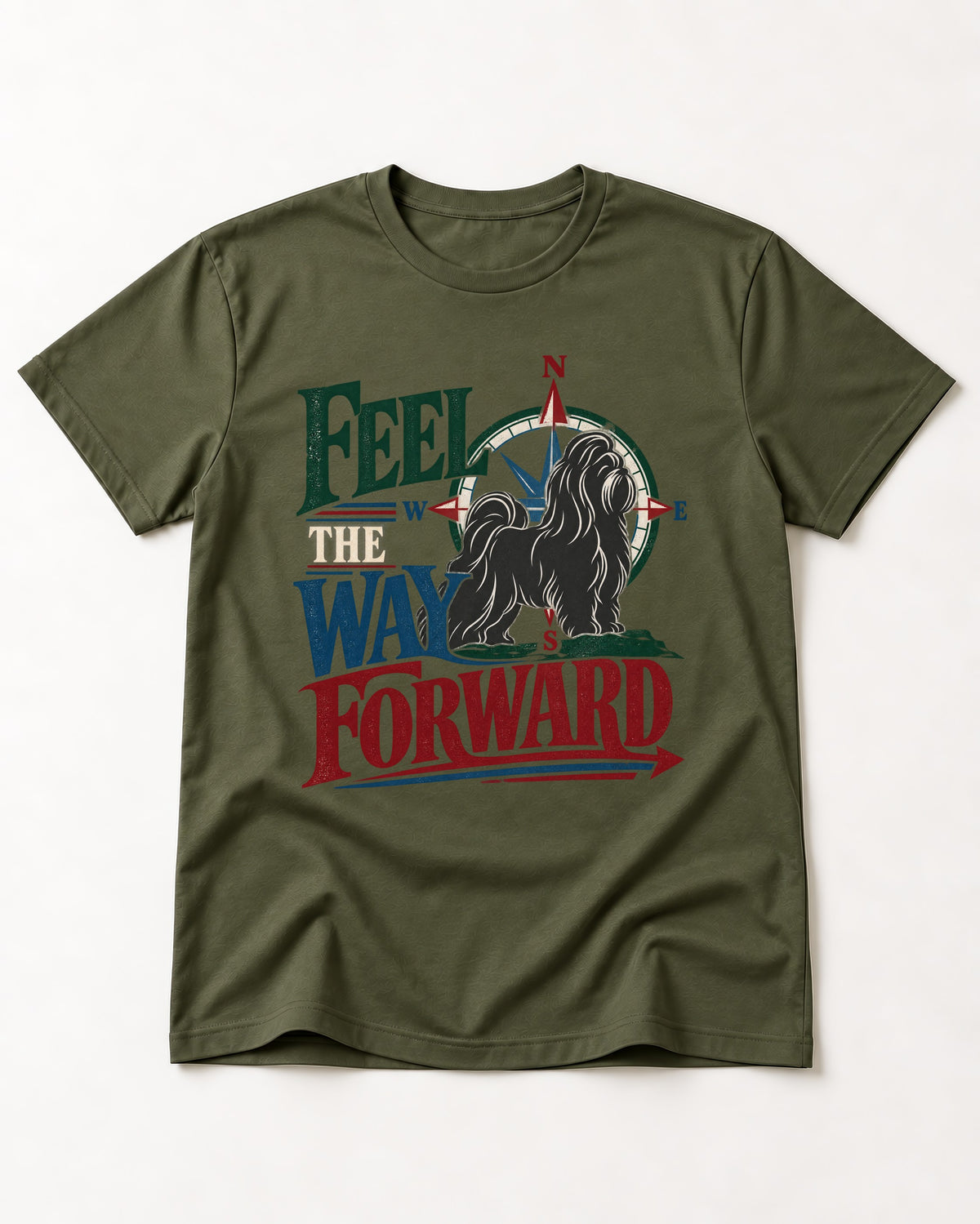 Shih Tzu Feel the Way Forward Compass Graphic T-Shirt in Heather Military Green, flat lay product photo