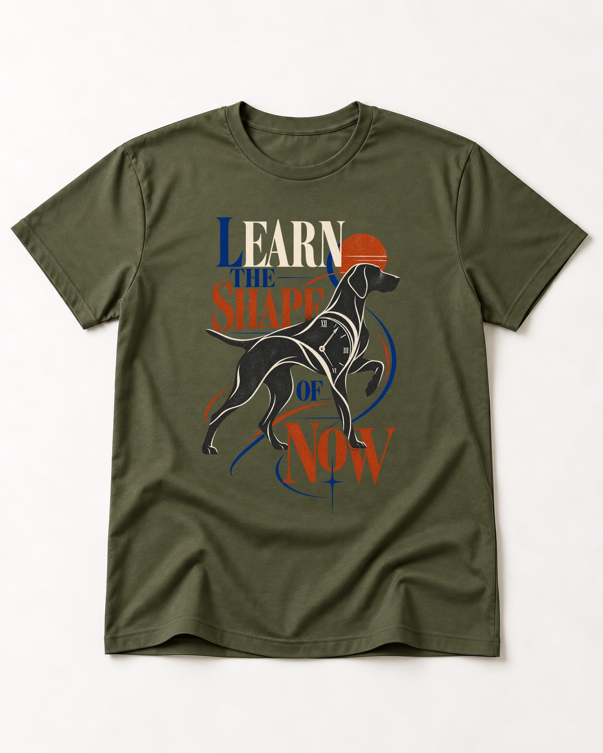 German Shorthaired Pointer Learn the Shape of Now Clock Graphic T-Shirt in Heather Military Green, flat lay product photo