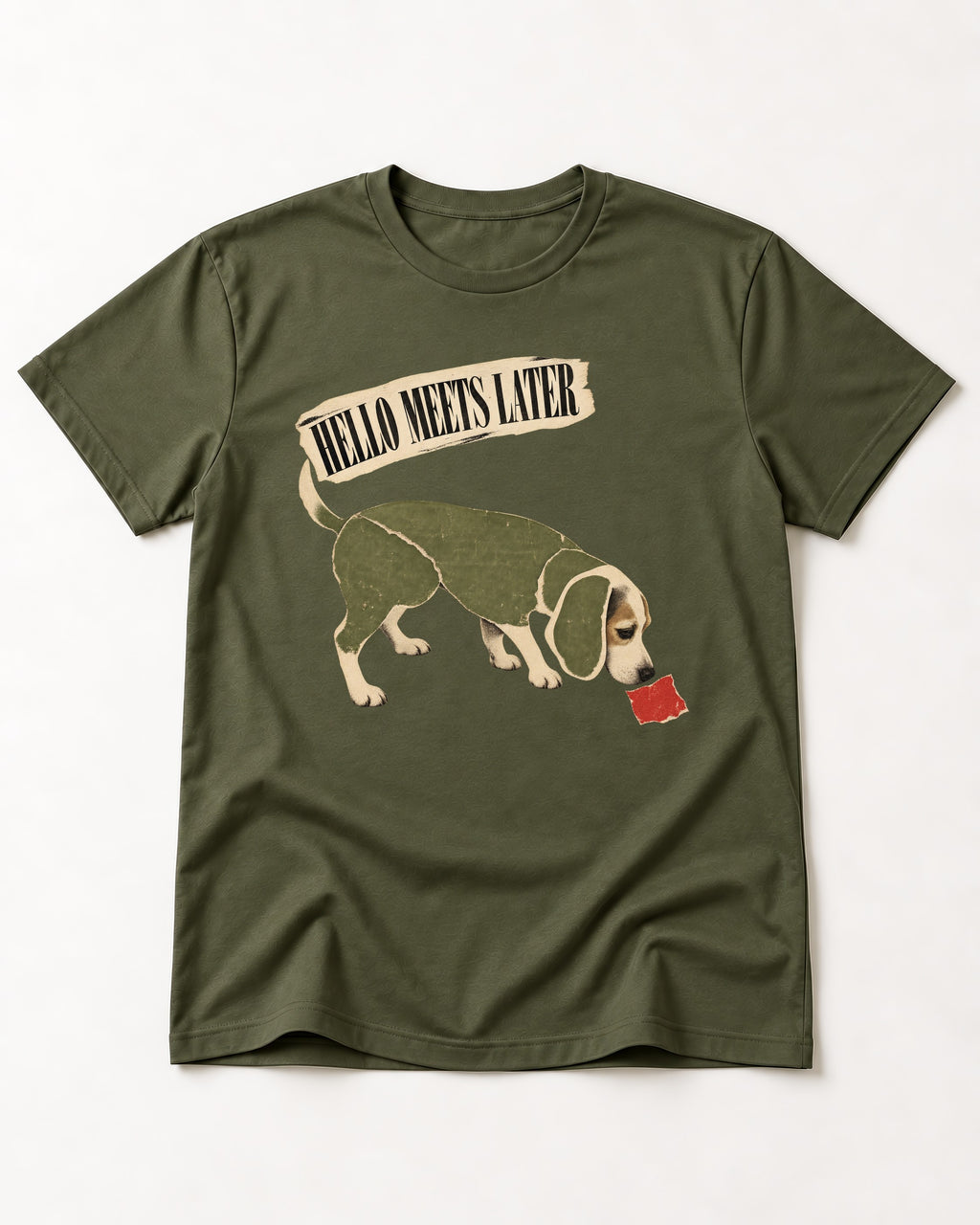 Twenty Minutes Later Beagle T-Shirt in Heather Military Green, flat lay product photo