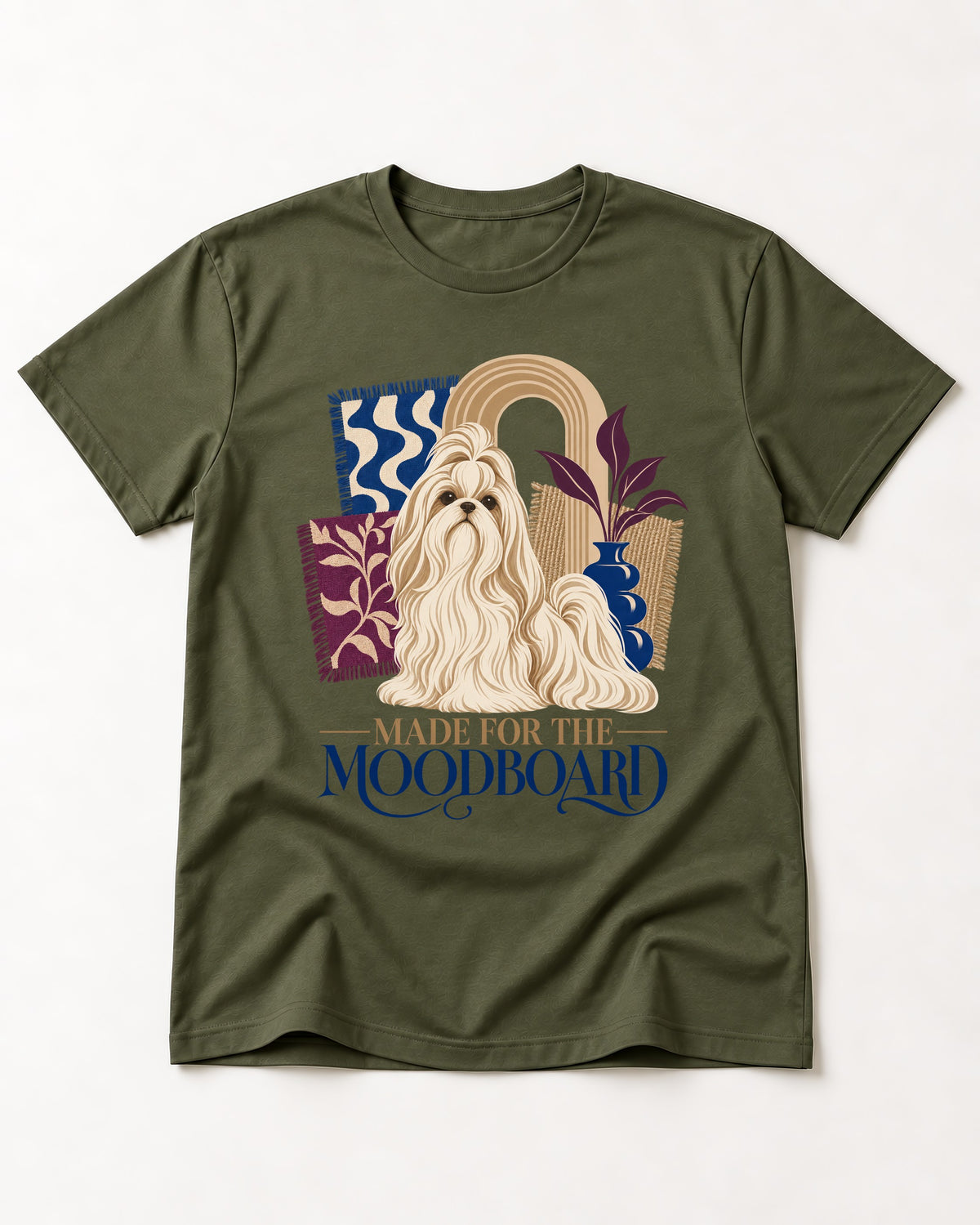 Shih Tzu Made for the Moodboard Boho Interior Graphic T-Shirt in Heather Military Green, flat lay product photo